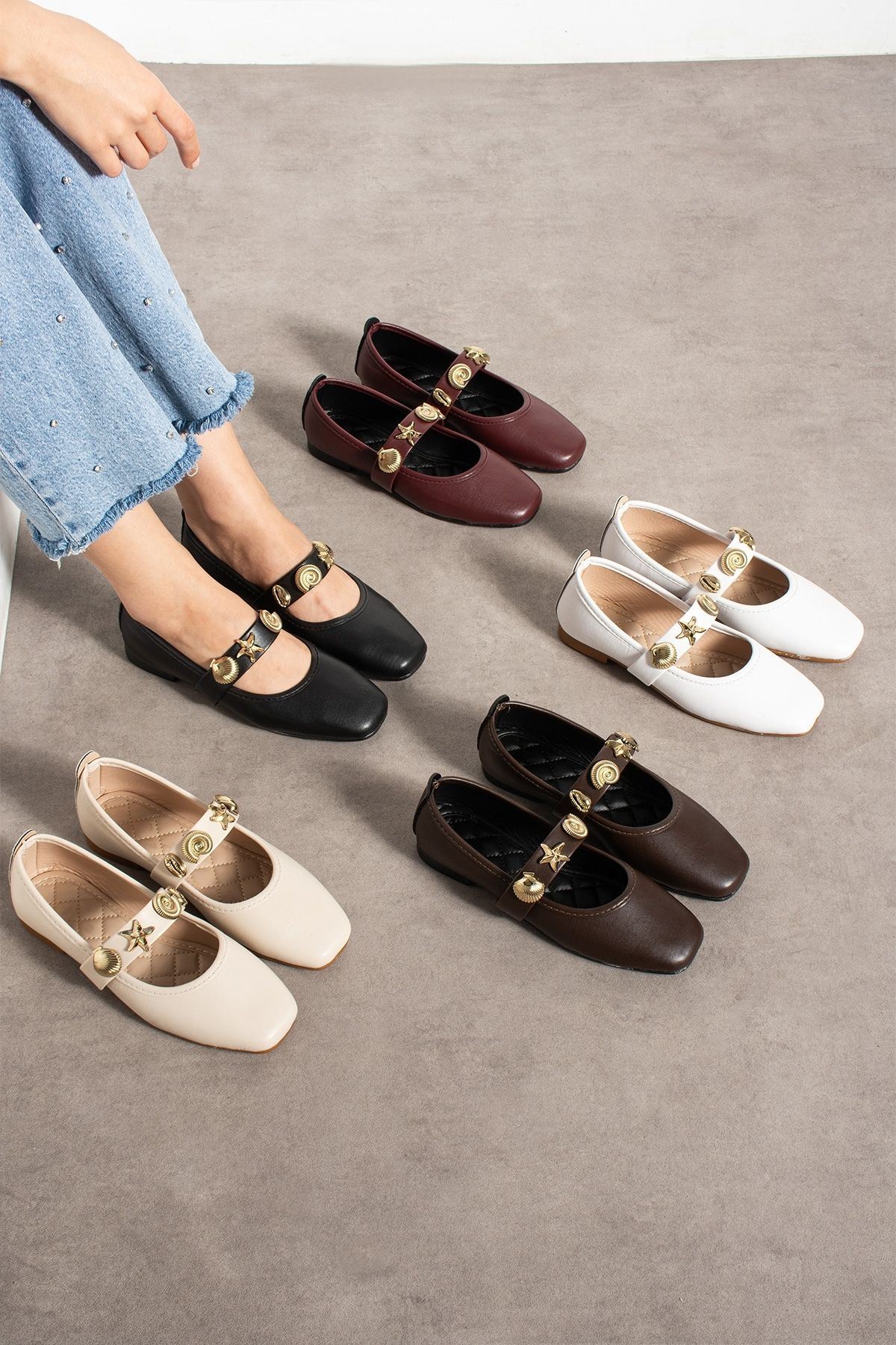 Marina Bordo Cilt Deniz Kabuğu Yıldız Aksesuar Bantlı Babet