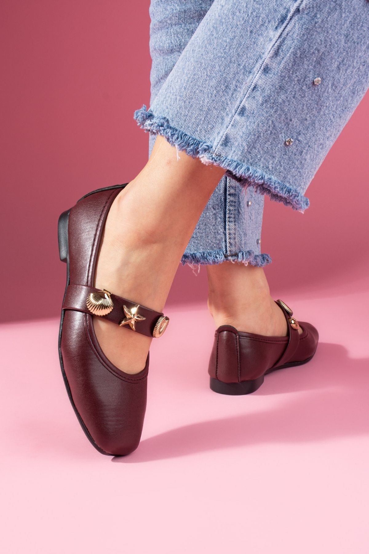 Marina Bordo Cilt Deniz Kabuğu Yıldız Aksesuar Bantlı Babet