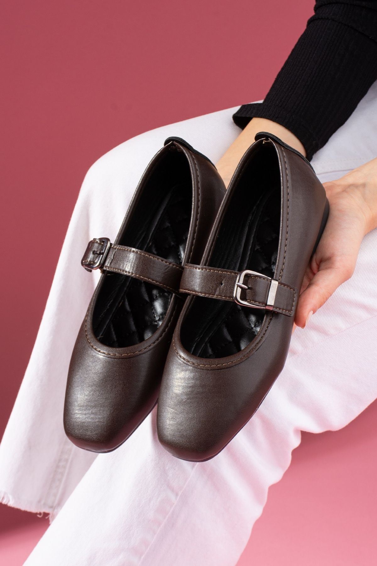 Lorena Kahverengi Cilt Gold Tokalı Kalın Bantlı Babet