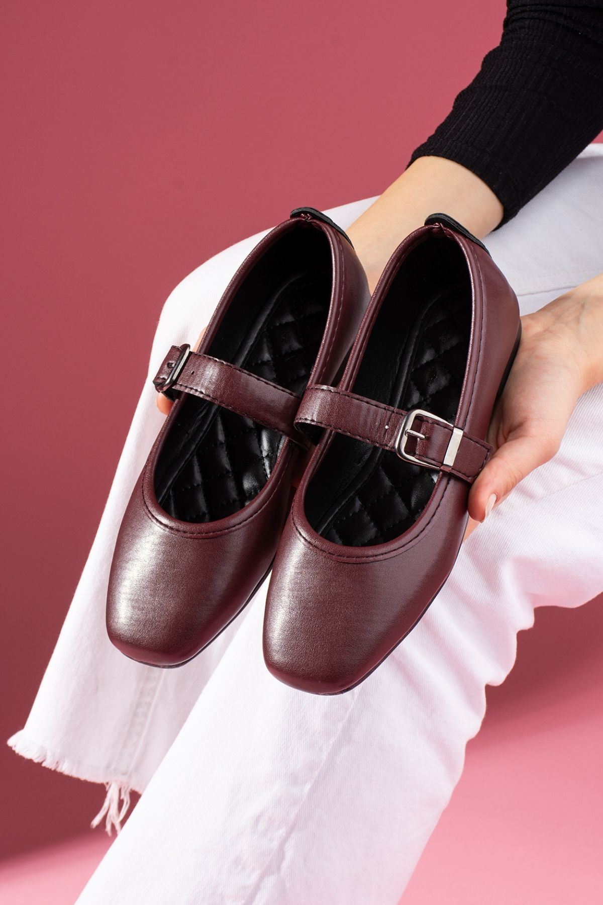 Lorena Bordo Cilt Gold Tokalı Kalın Bantlı Babet