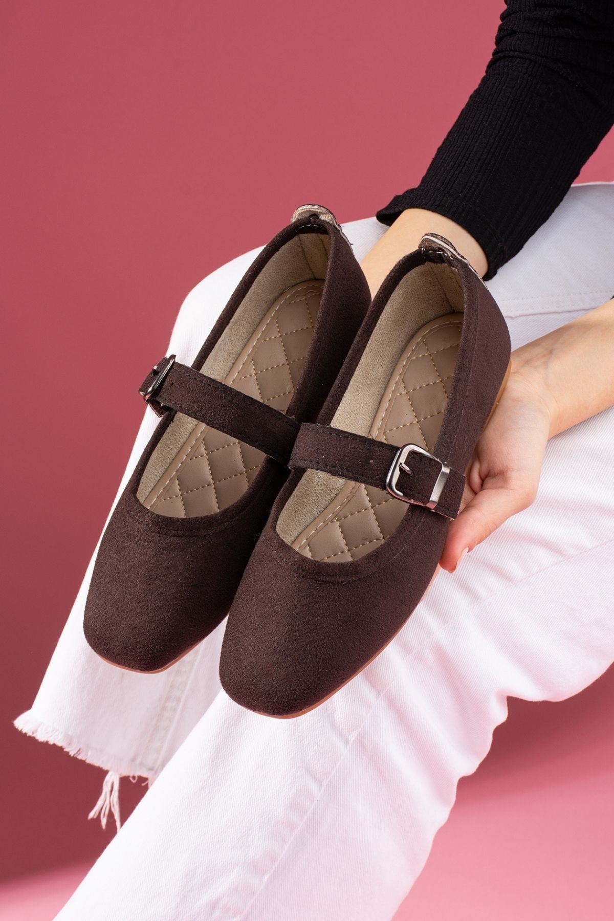 Lorena Kahverengi Süet Gold Tokalı Kalın Bantlı Babet