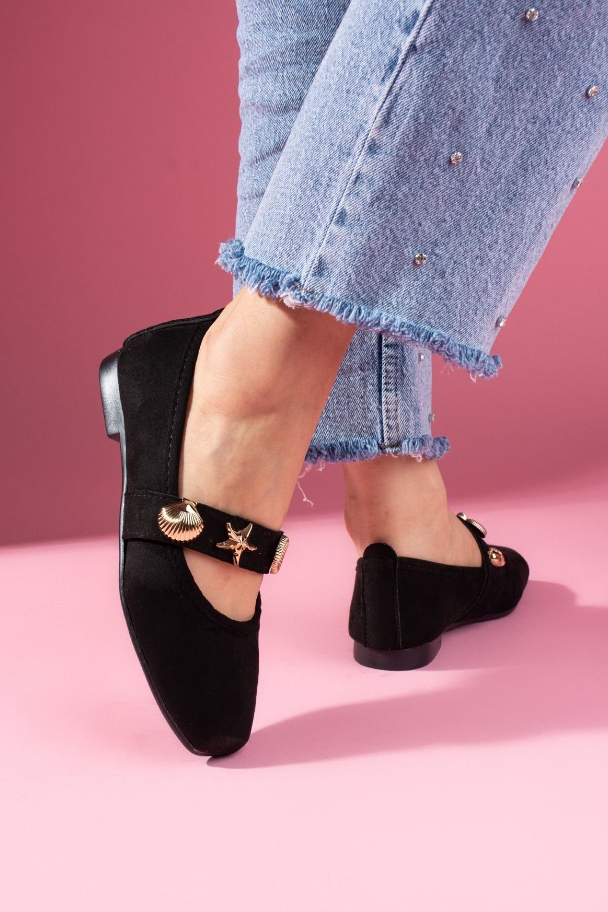 Marina Siyah Süet Deniz Kabuğu Yıldız Aksesuar Bantlı Babet