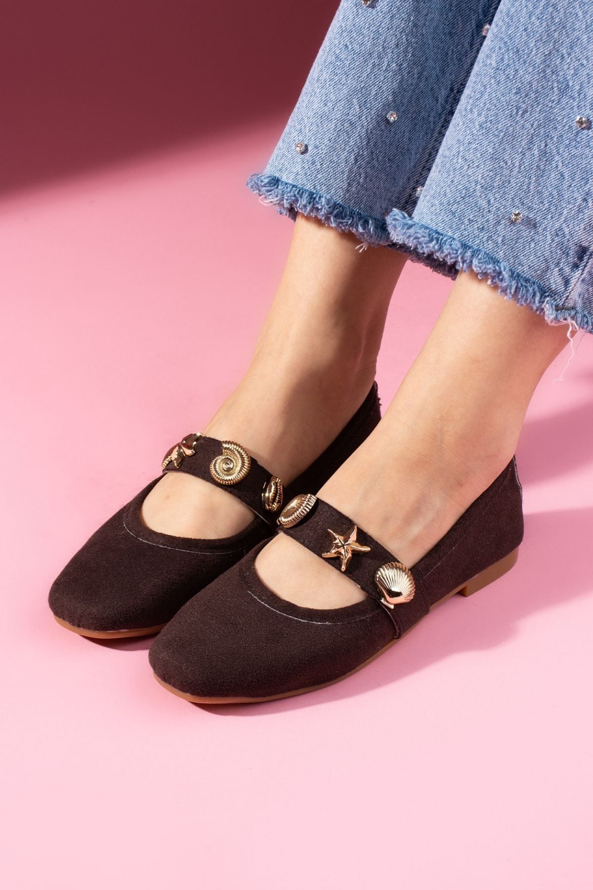 Marina Kahverengi Süet Deniz Kabuğu Yıldız Aksesuar Bantlı Babet