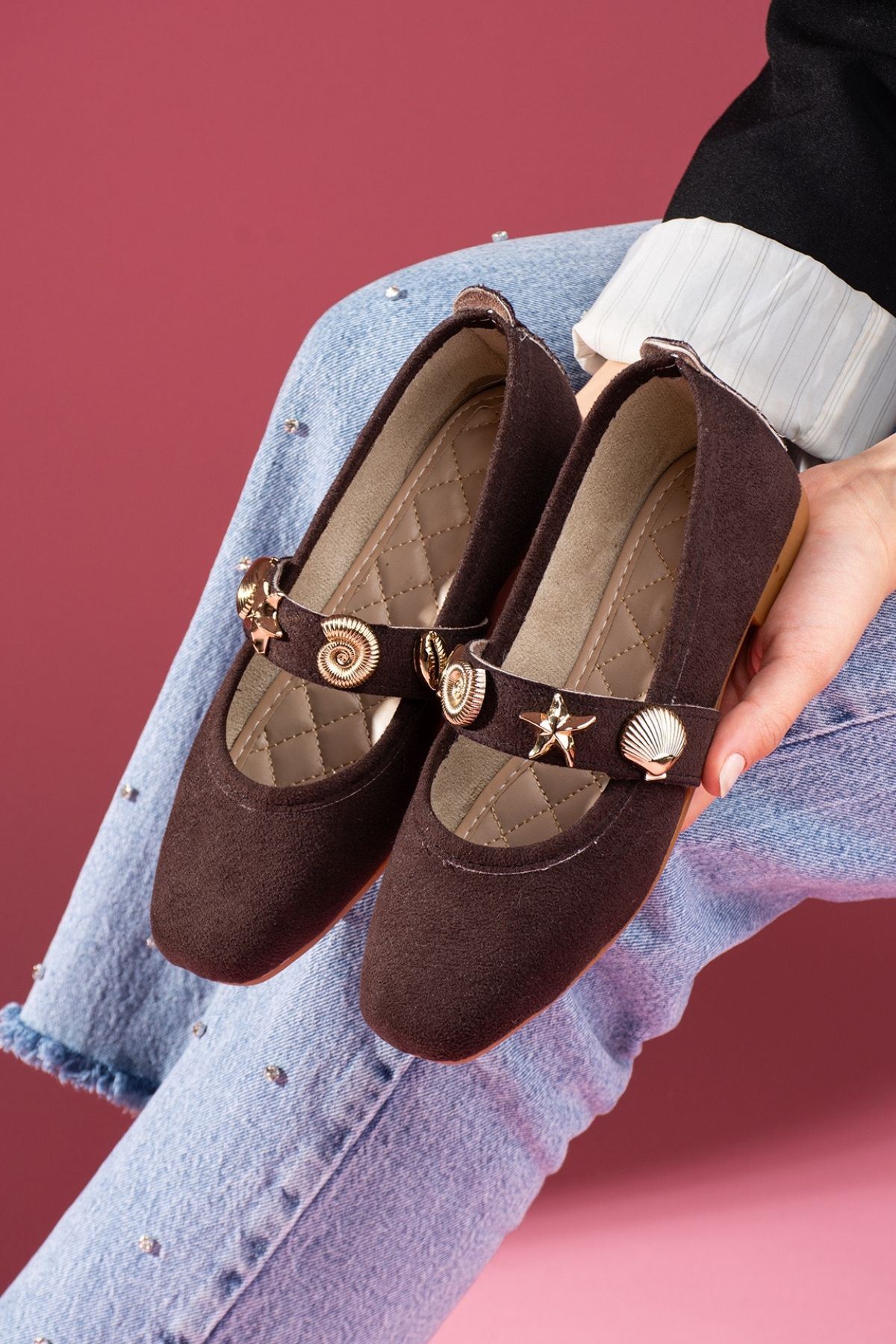 Marina Kahverengi Süet Deniz Kabuğu Yıldız Aksesuar Bantlı Babet