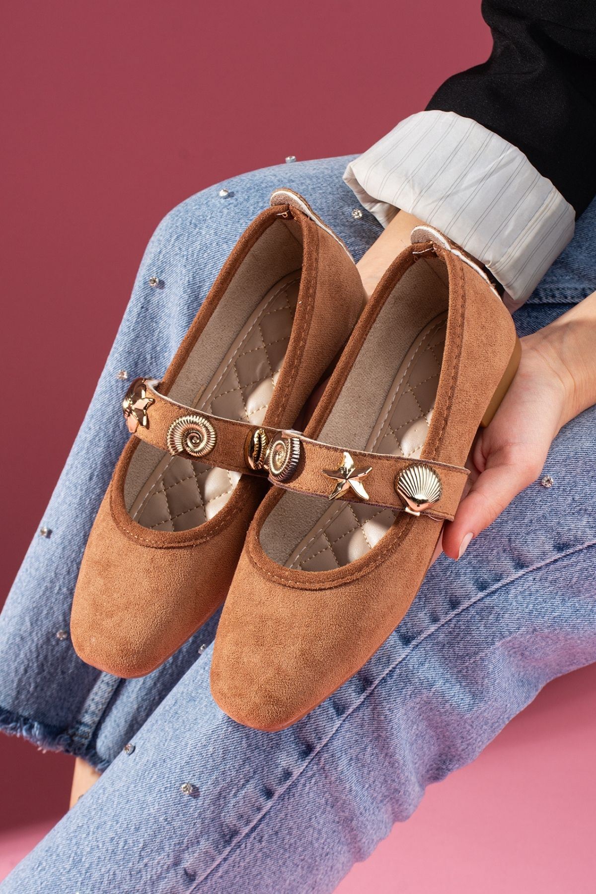 Marina Taba Süet Deniz Kabuğu Yıldız Aksesuar Bantlı Babet