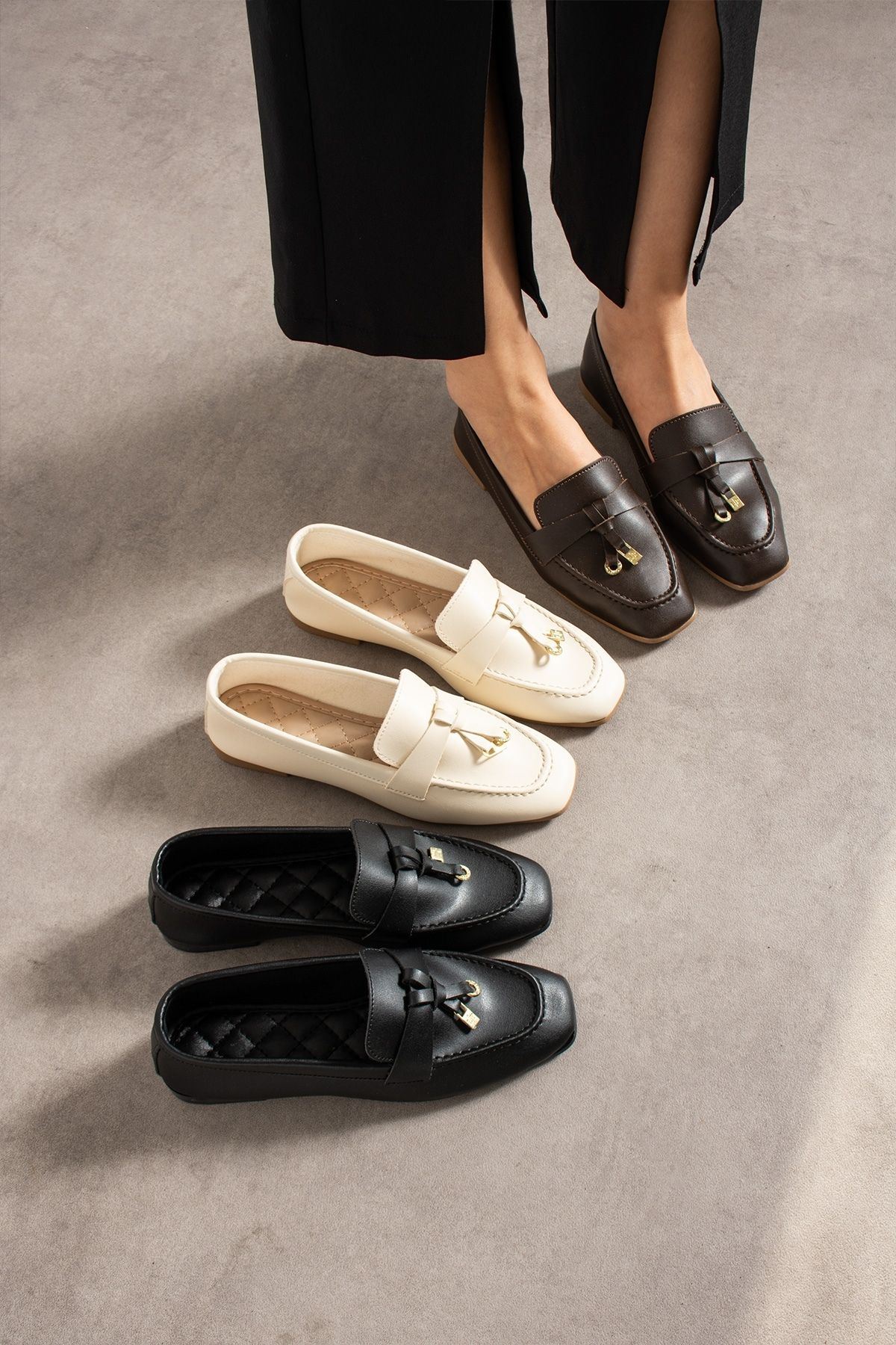 Viona Kahverengi Cilt Saraçlı Mini Fiyonk Aksesuarlı Loafer Babet