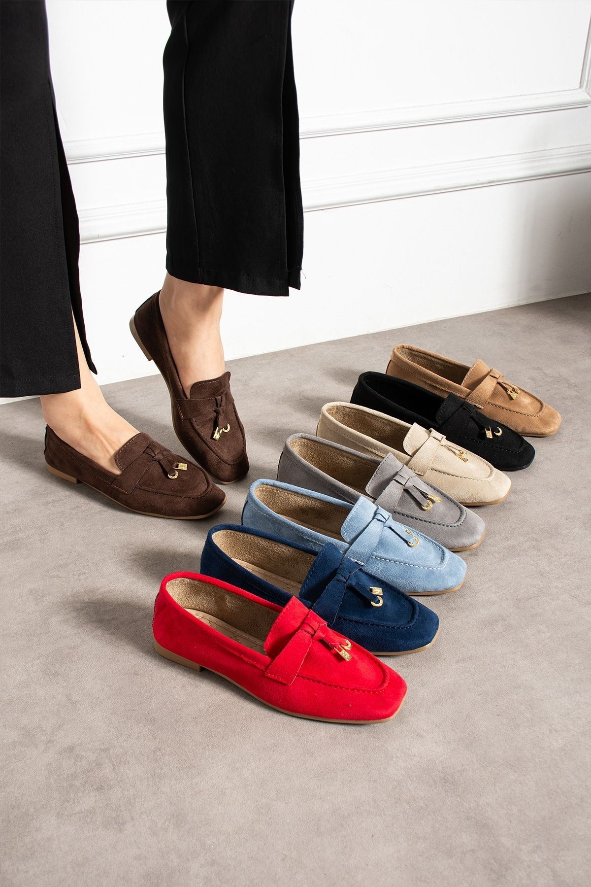 Viona Bebe Mavisi Süet Saraçlı Mini Fiyonk Aksesuarlı Loafer Babet