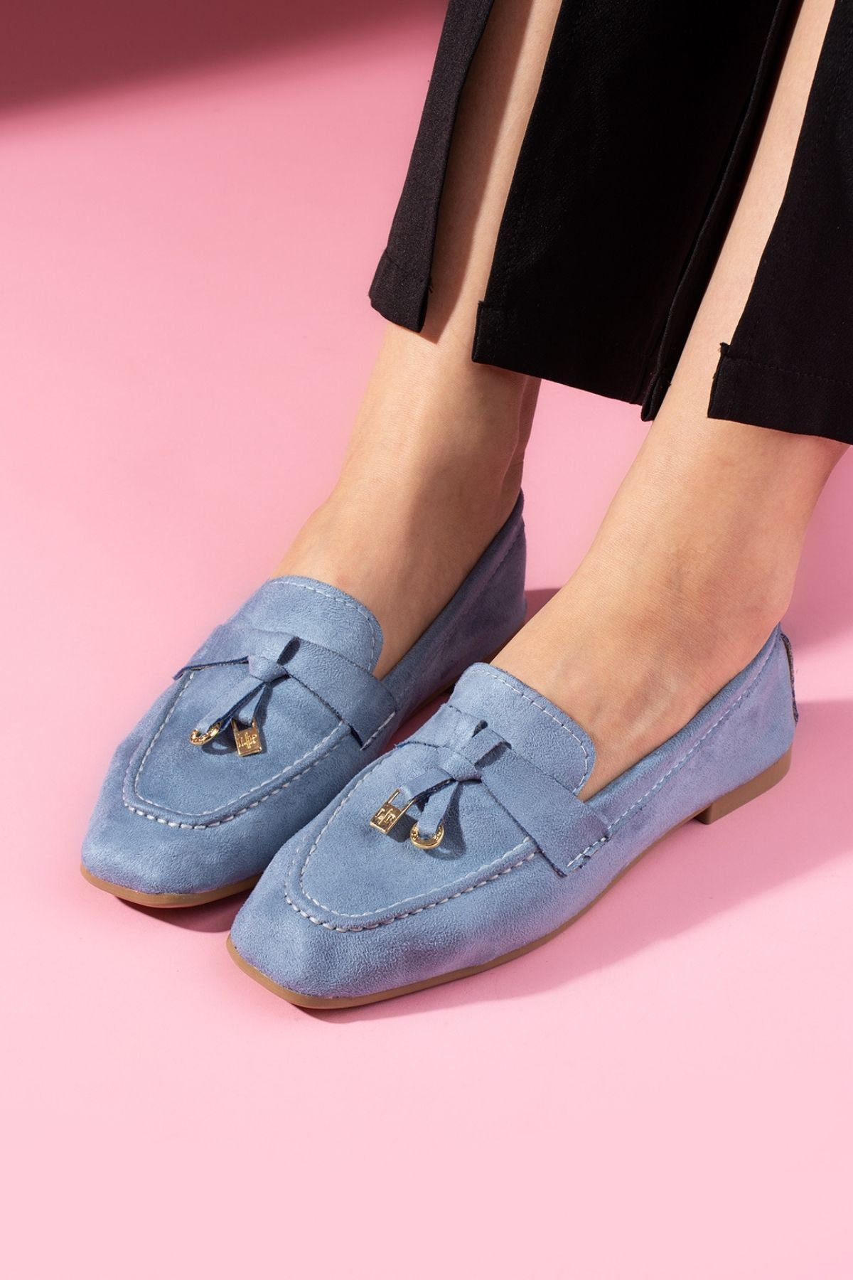 Viona Bebe Mavisi Süet Saraçlı Mini Fiyonk Aksesuarlı Loafer Babet