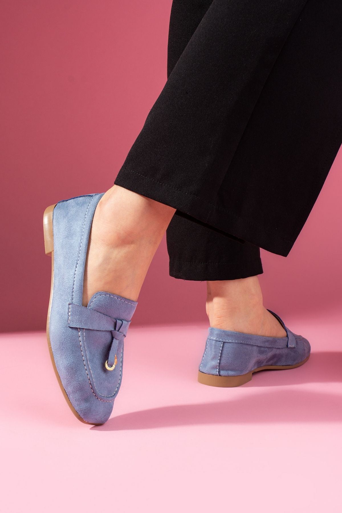 Viona Bebe Mavisi Süet Saraçlı Mini Fiyonk Aksesuarlı Loafer Babet