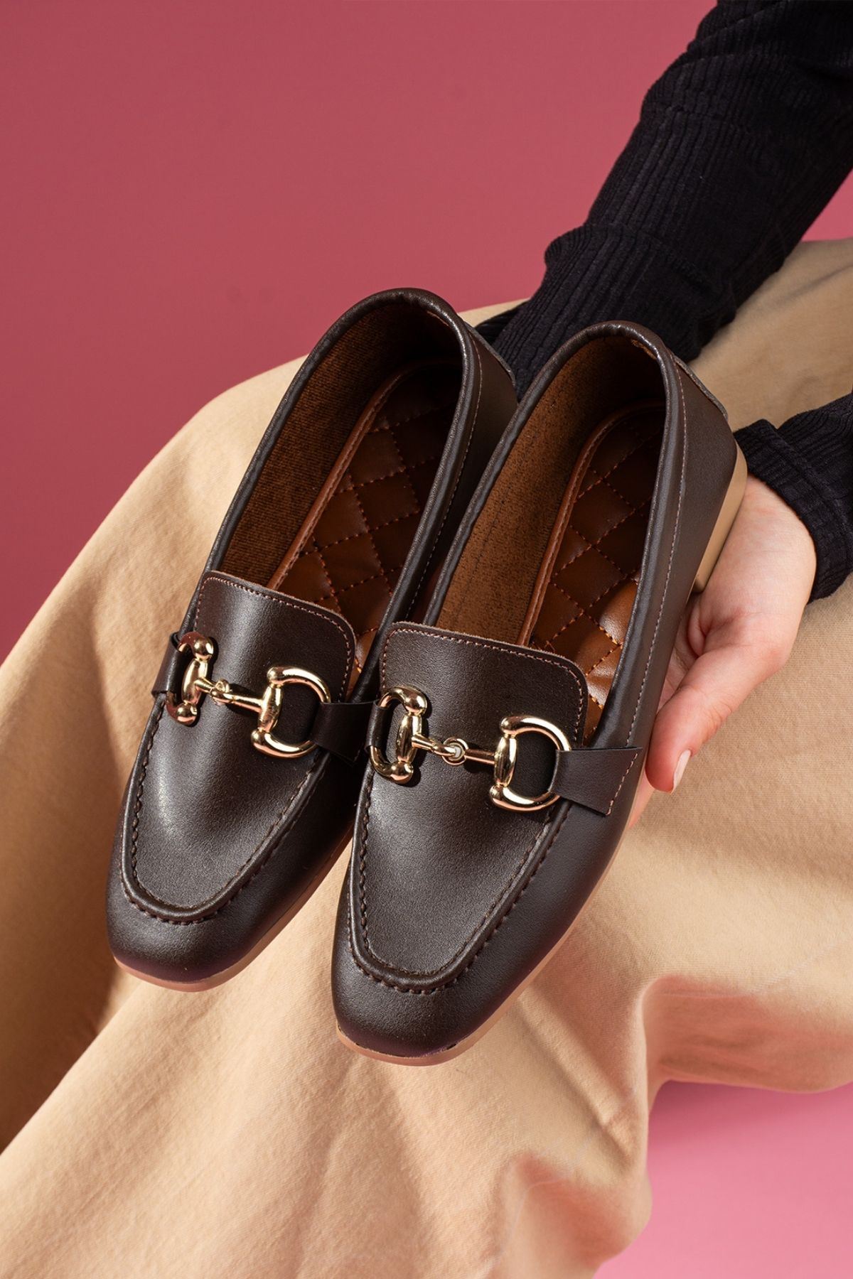 Arven Kahverengi Cilt Saraçlı Gold Tokalı Loafer Babet