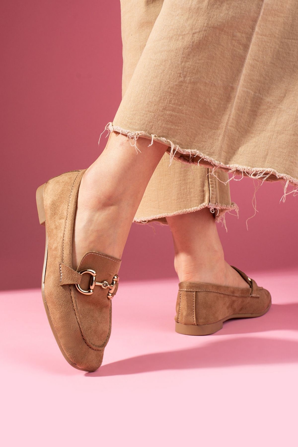 Arven Vizon Süet Saraçlı Gold Tokalı Loafer Babet