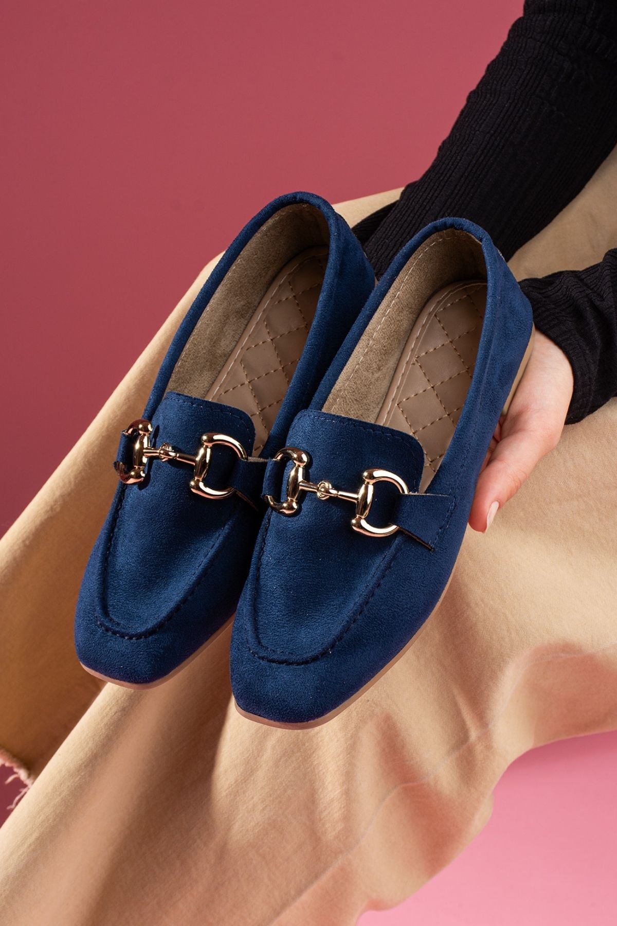 Arven Lacivert Süet Saraçlı Gold Tokalı Loafer Babet