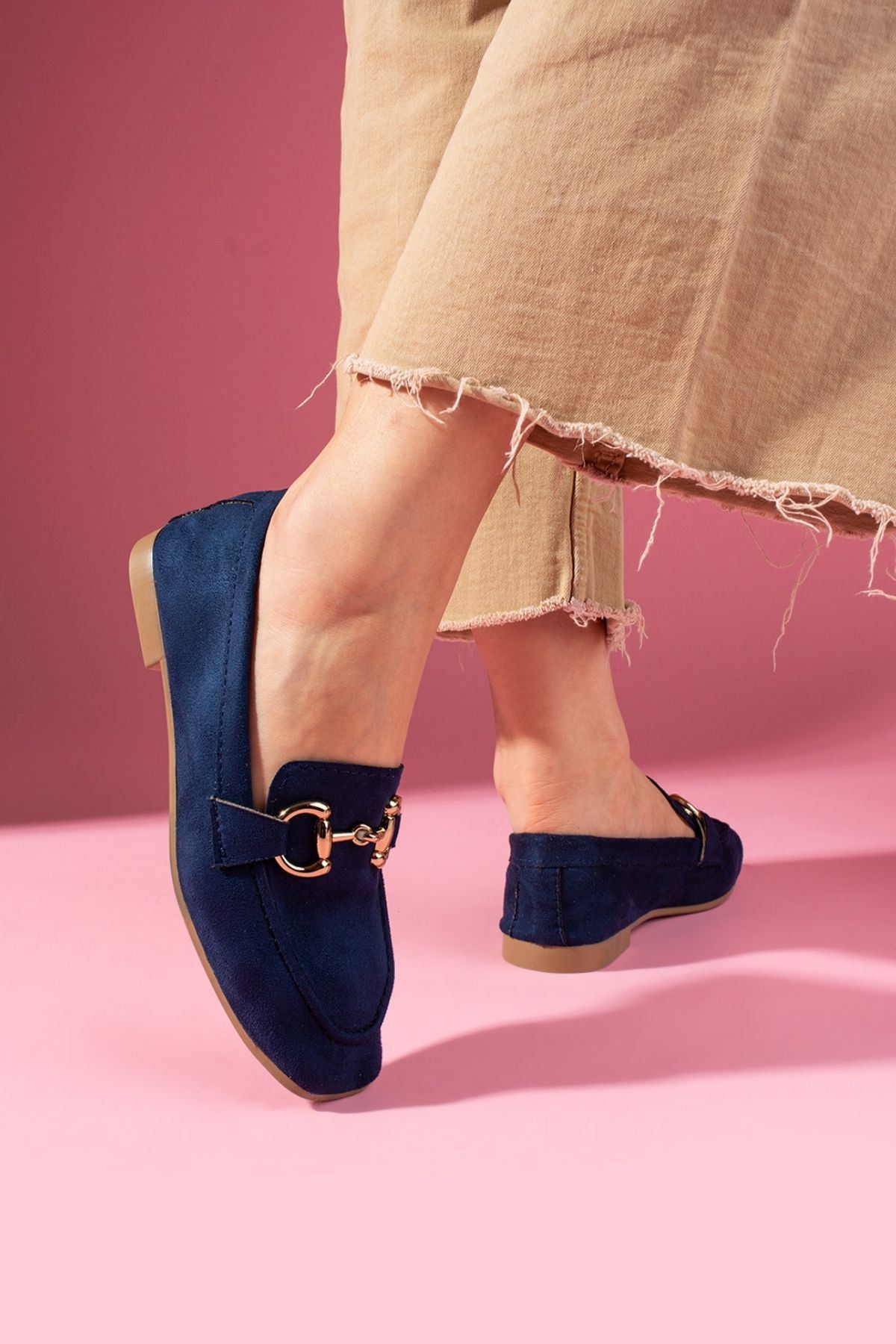 Arven Lacivert Süet Saraçlı Gold Tokalı Loafer Babet