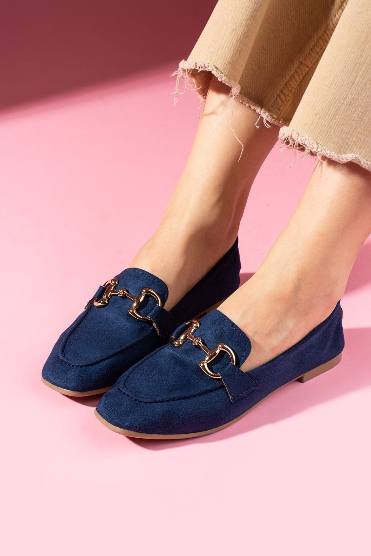 Arven Lacivert Süet Saraçlı Gold Tokalı Loafer Babet