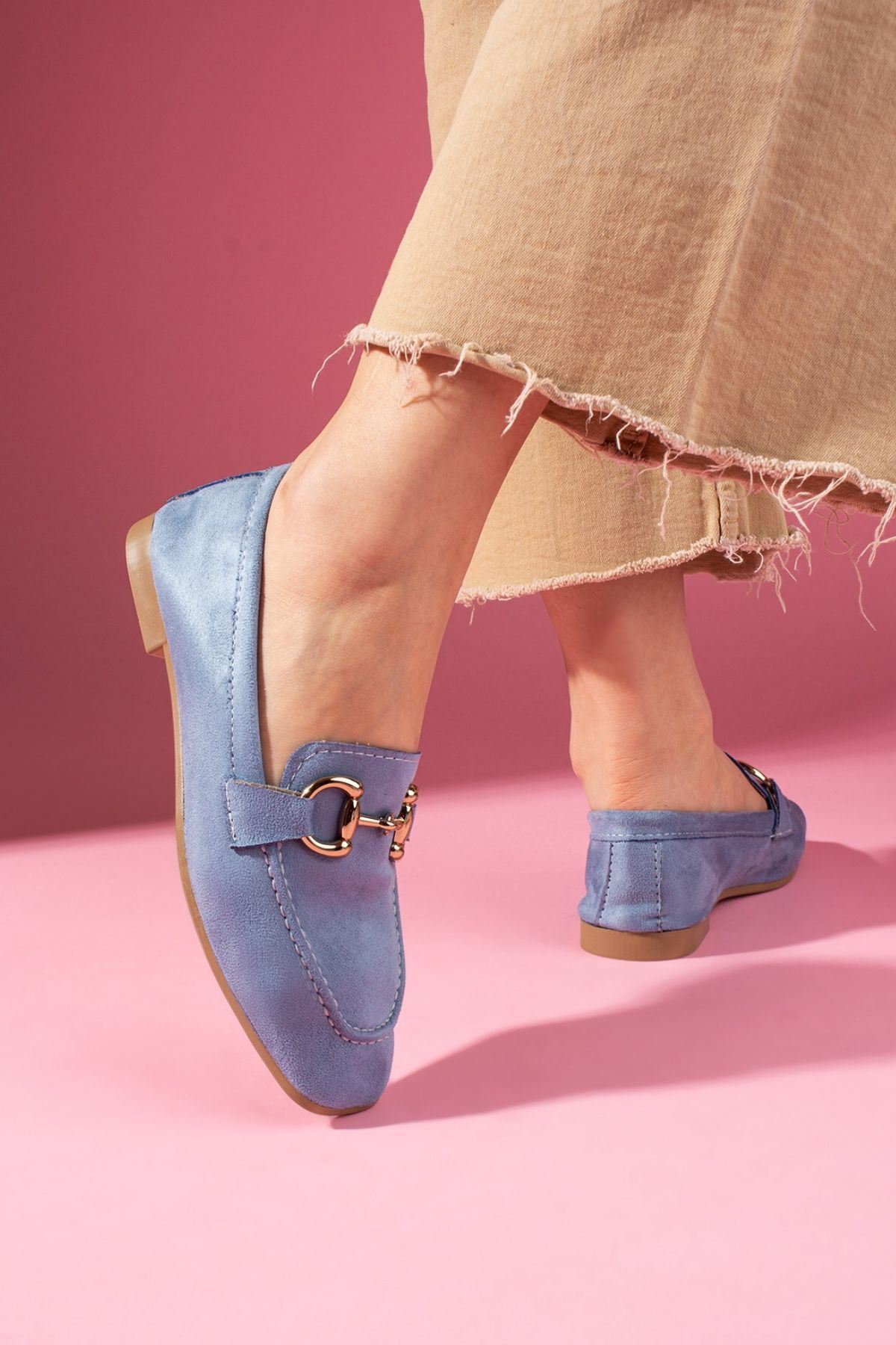 Arven Bebe Mavisi Süet Saraçlı Gold Tokalı Loafer Babet