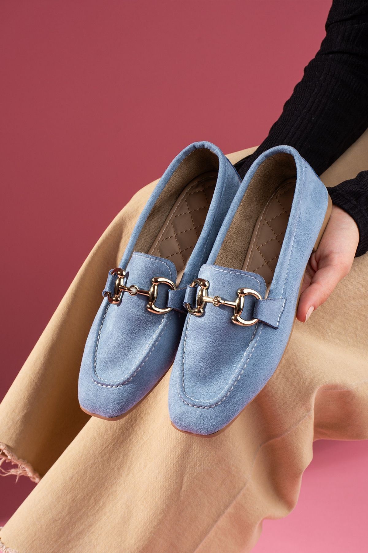 Arven Bebe Mavisi Süet Saraçlı Gold Tokalı Loafer Babet