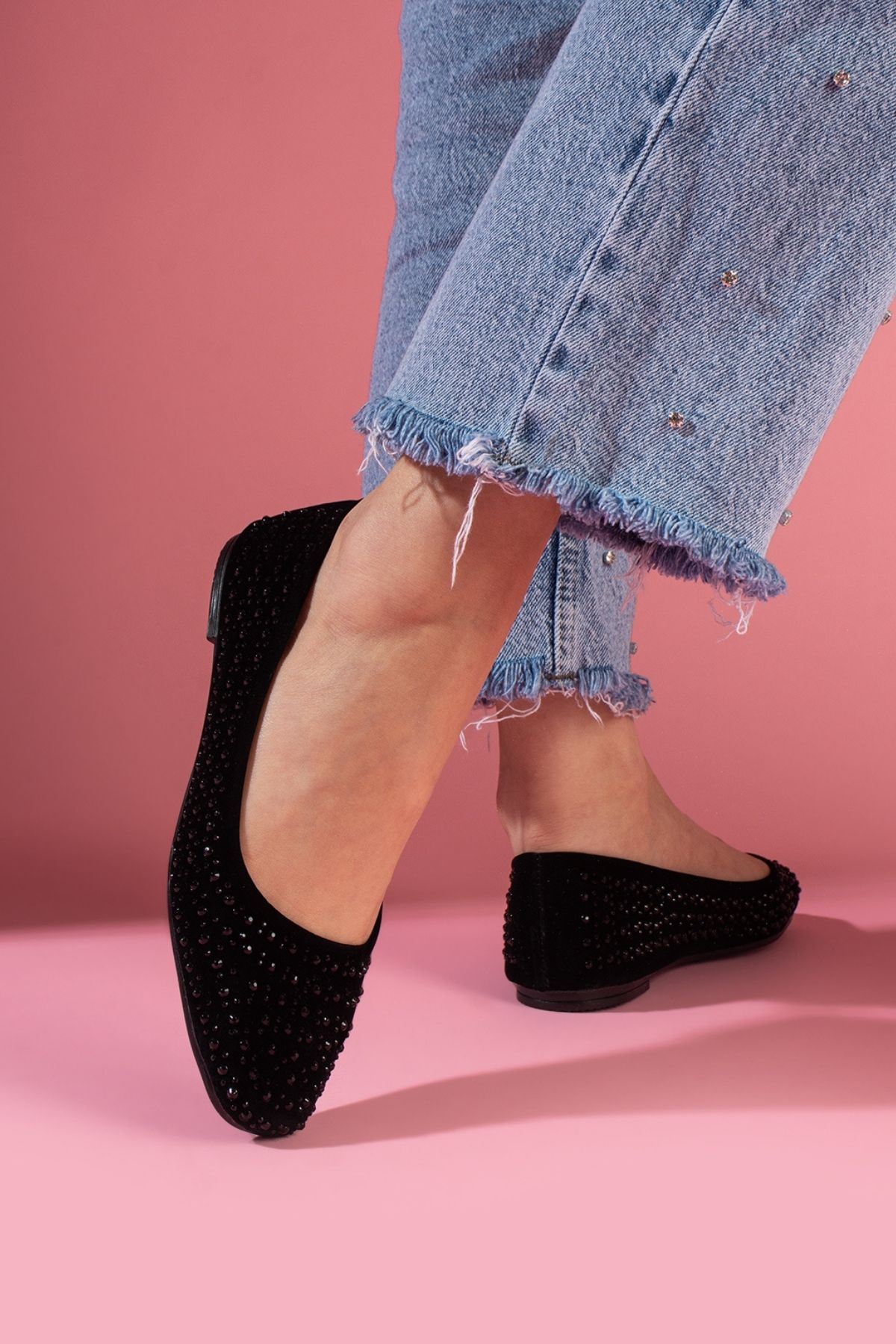 Clarice Siyah Süet Taş İşlemeli Babet