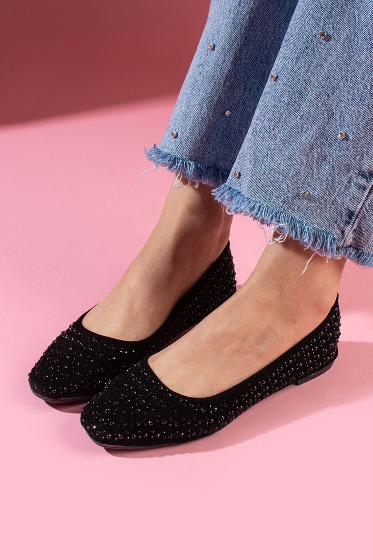 Clarice Siyah Süet Taş İşlemeli Babet