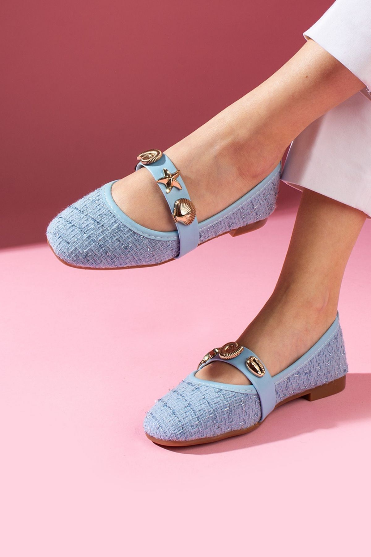 Veneta Bebe Mavisi Simli Kumaş Deniz Kabuğu Yıldız Aksesuar Bantlı Babet