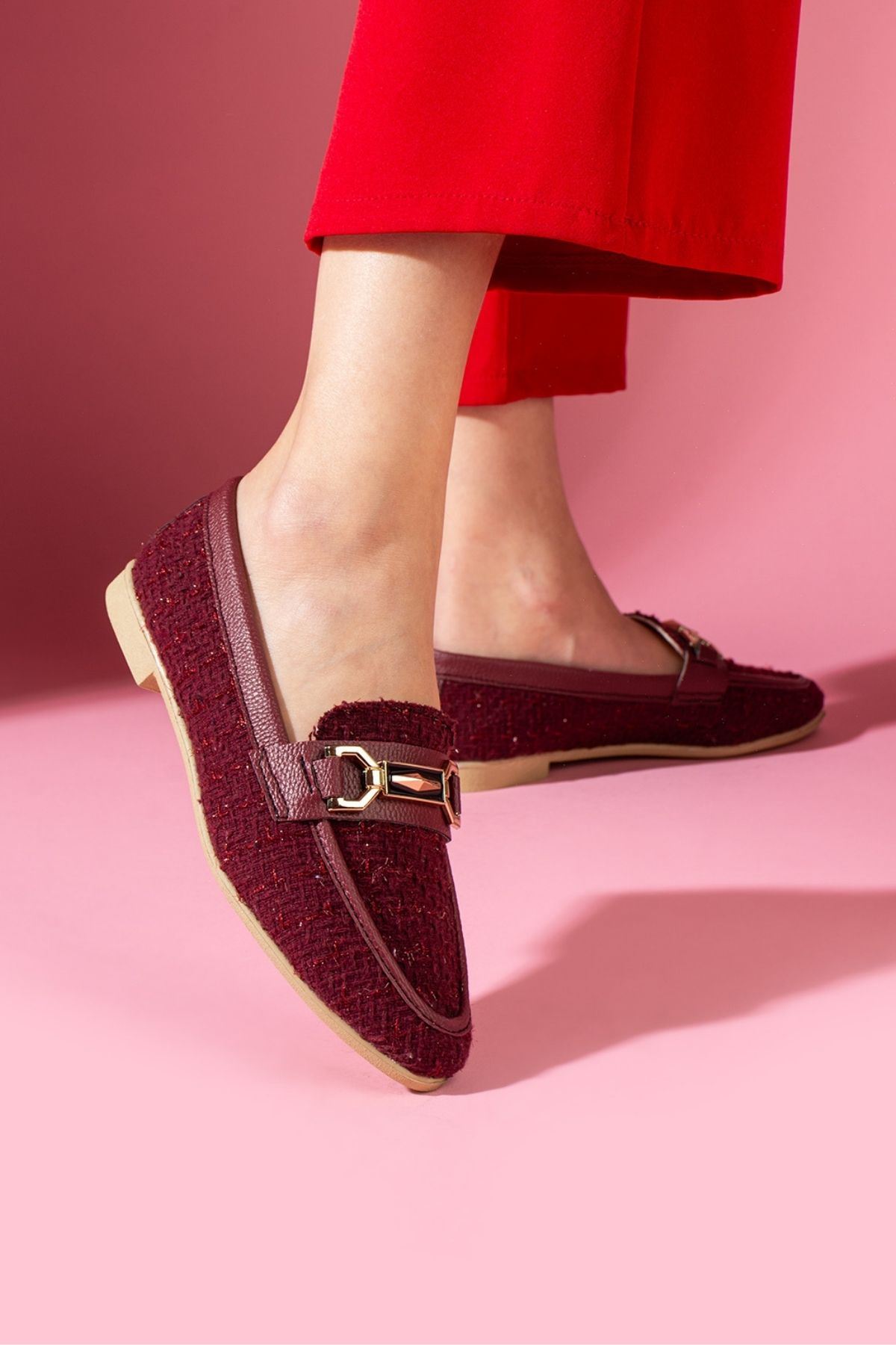 Cassia Bordo Simli Kumaş Gold Zincir Aksesuarlı Loafer Babet