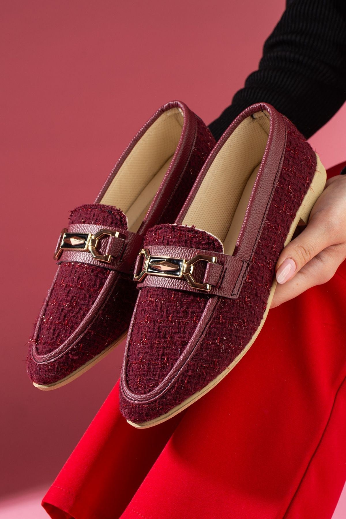 Cassia Bordo Simli Kumaş Gold Zincir Aksesuarlı Loafer Babet