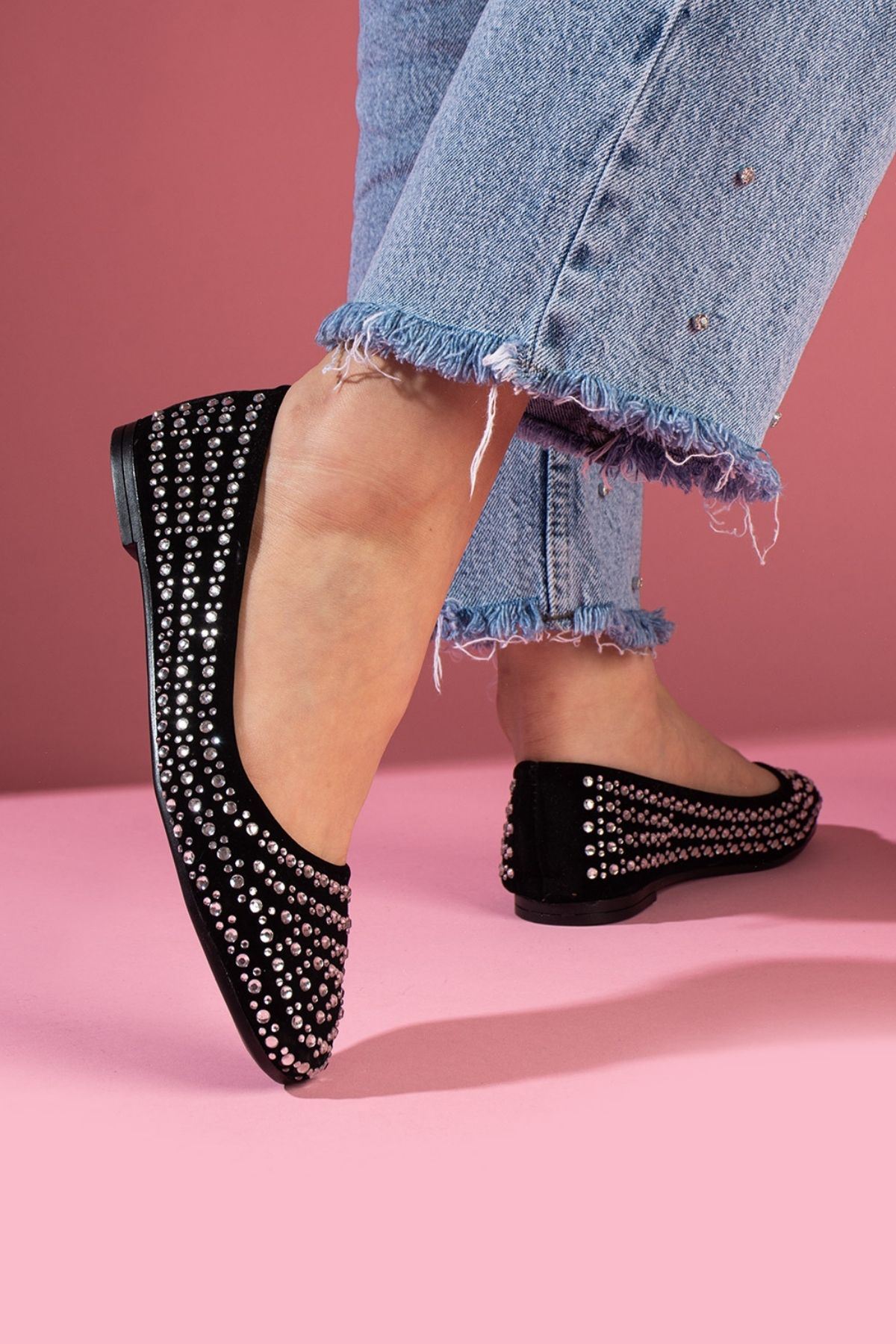 Clarice Siyah Süet Kristal Taş İşlemeli Babet