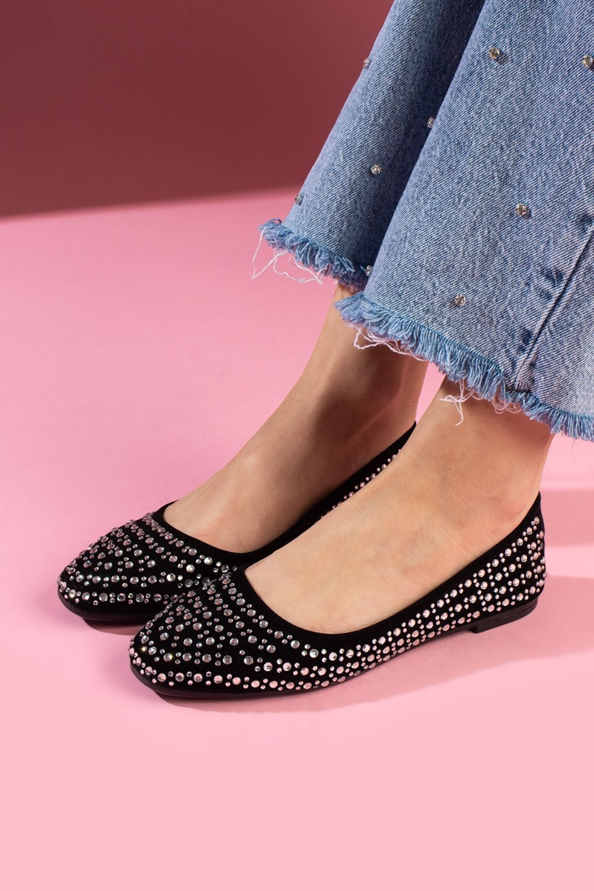 Clarice Siyah Süet Kristal Taş İşlemeli Babet