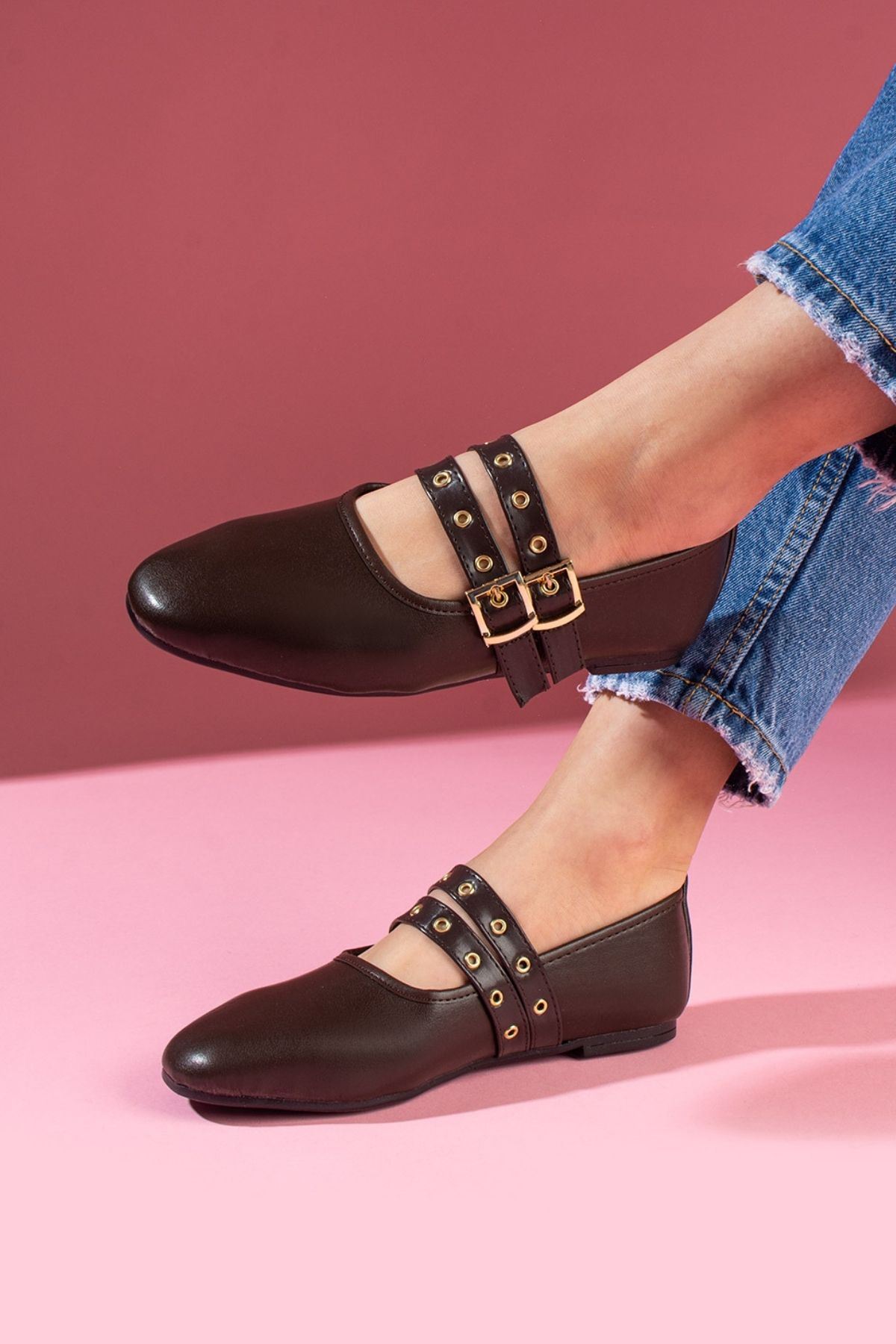 Rovigo Kahverengi Cilt Gold Tokalı Çift Bant Babet