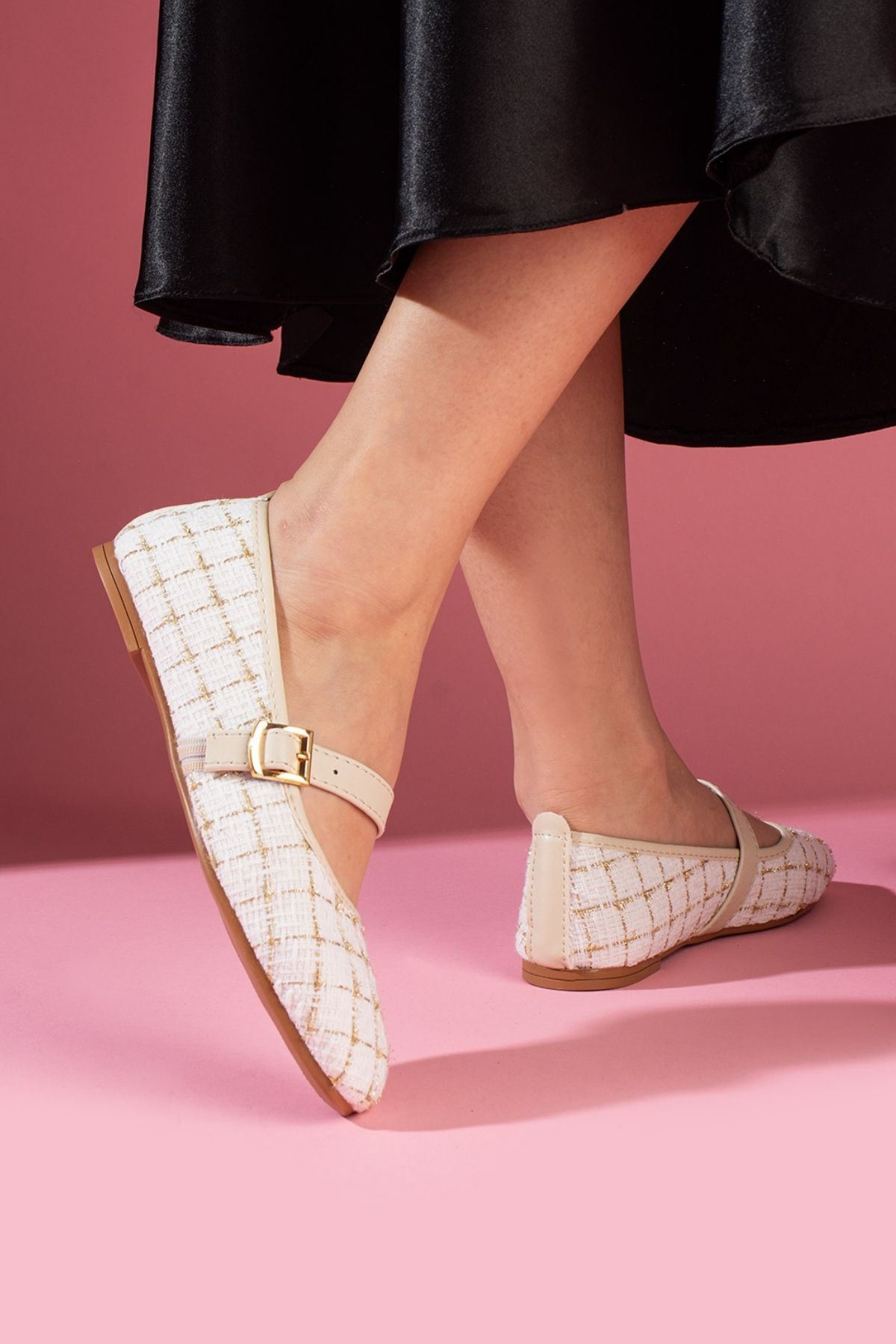 Minerva Bej Simli Kumaş Gold Tokalı Kemer Bantlı Babet