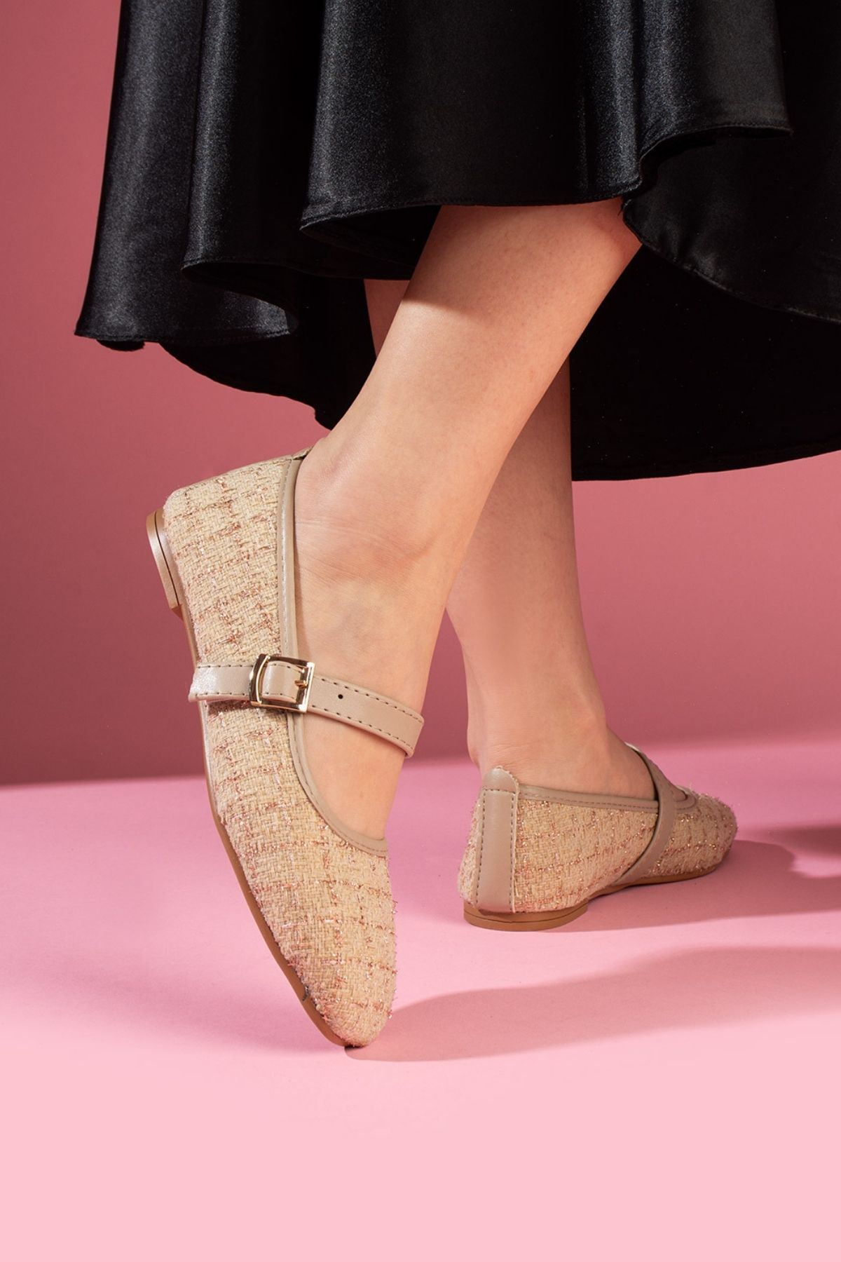 Minerva Vizon Simli Kumaş Gold Tokalı Kemer Bantlı Babet