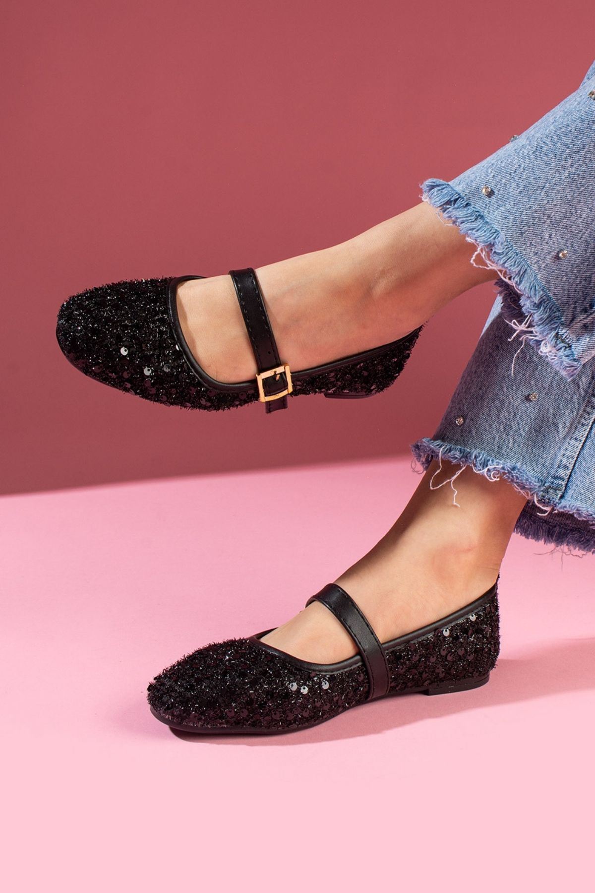 Aurora Siyah Pullu Payetli Gold Tokalı Tek Bant Babet