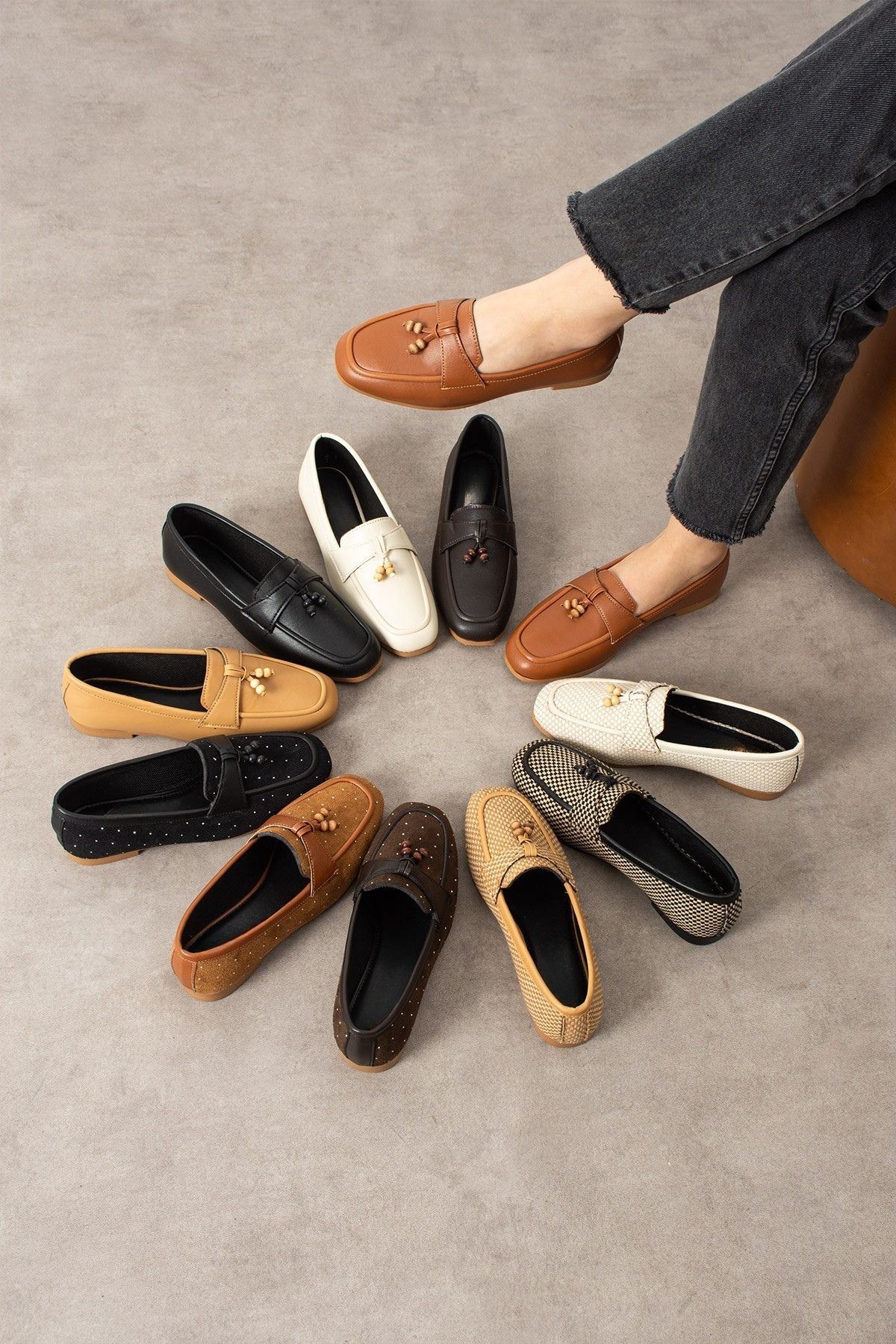 Padova Taba Mini Taşlı Püsküllü Ahşap Boncuk Detaylı Loafer Babet Günlük Ayakkabı