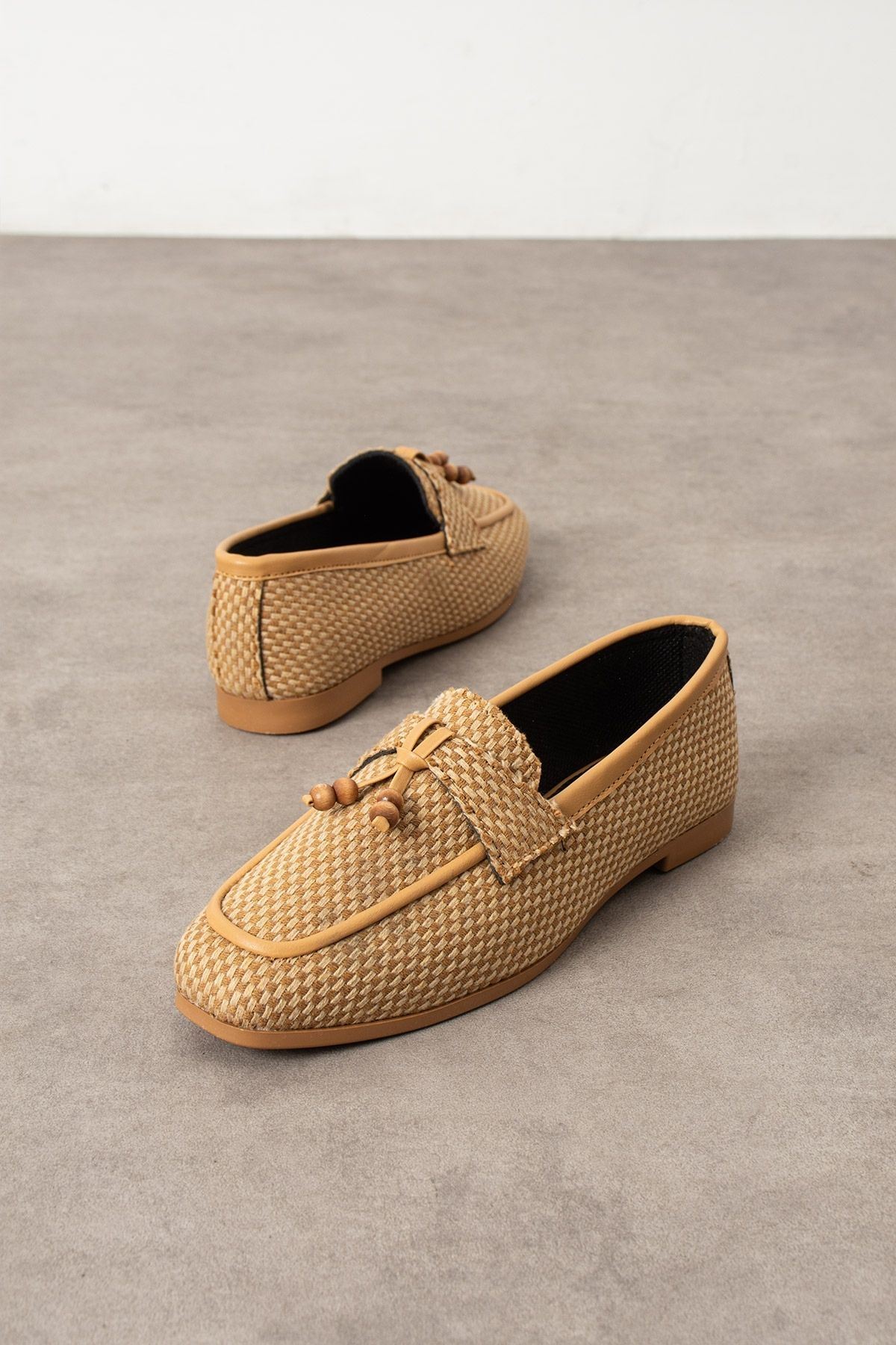 Padova Damalı Vizon Püsküllü Ahşap Boncuk Detaylı Loafer Babet Günlük Ayakkabı