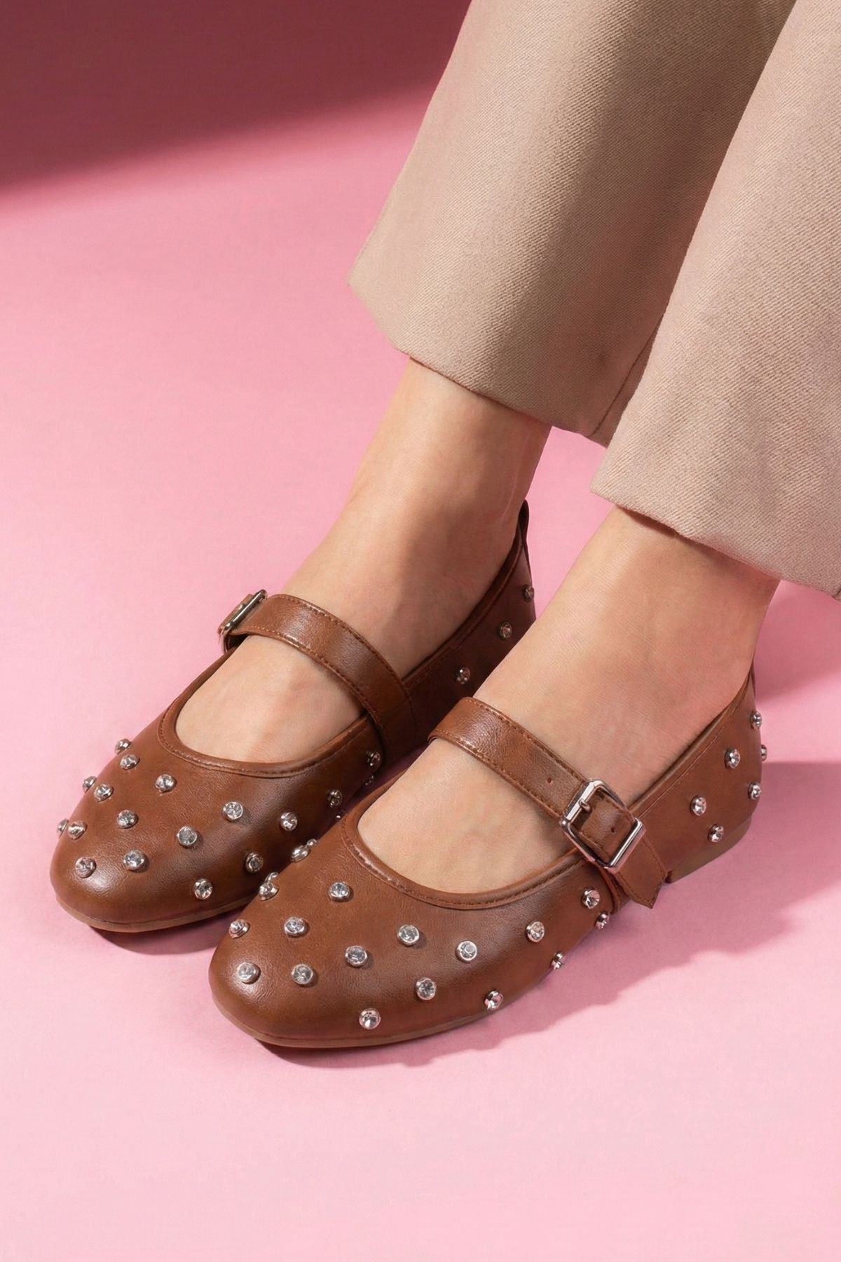 Argent Taba Cilt Kristal Zımba Taşlı Kemerli Premium Babet