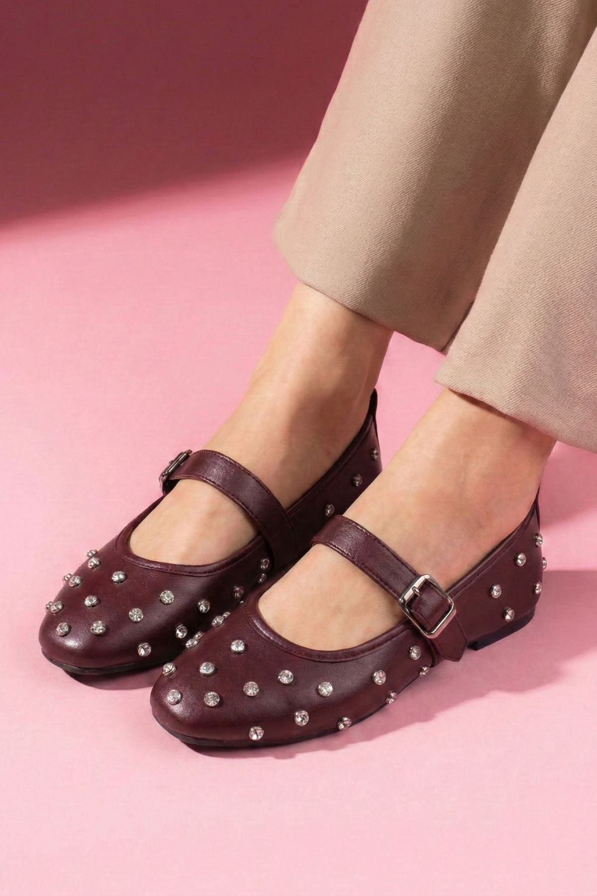 Argent Bordo Cilt Kristal Zımba Taşlı Kemerli Premium Babet