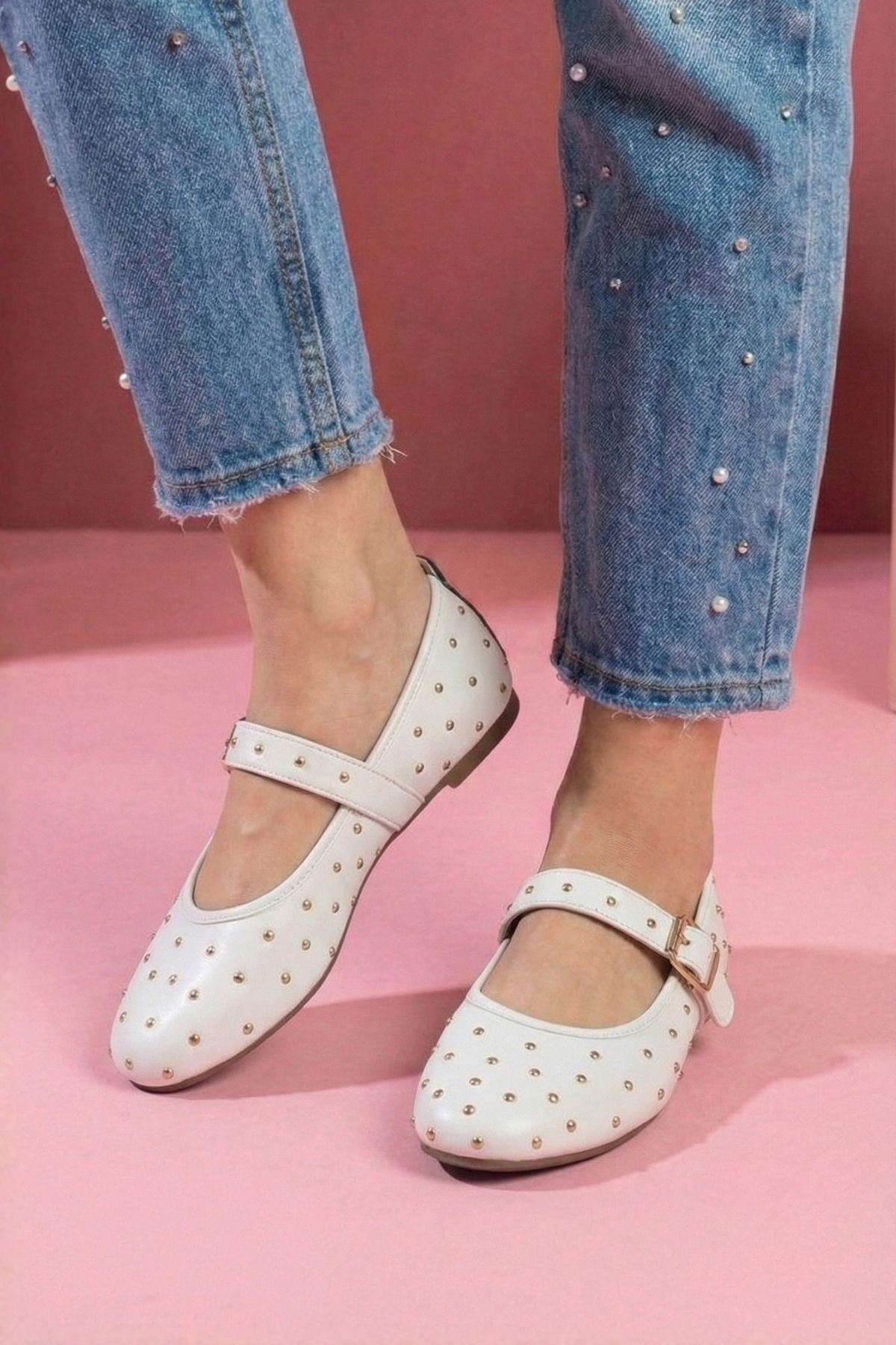 Kroma Beyaz Cilt Metal Mini Troklu Kemerli Premium Babet