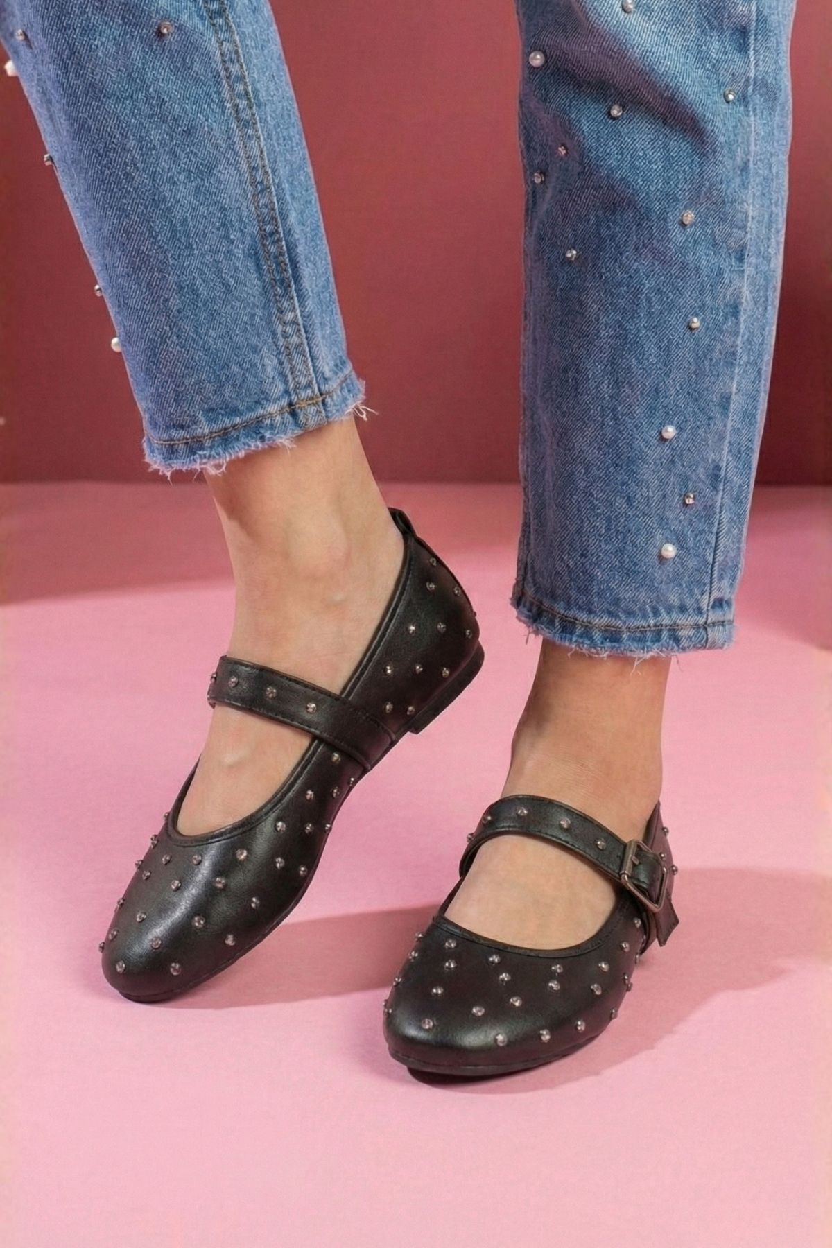 Kroma Siyah Cilt Metal Mini Troklu Kemerli Premium Babet