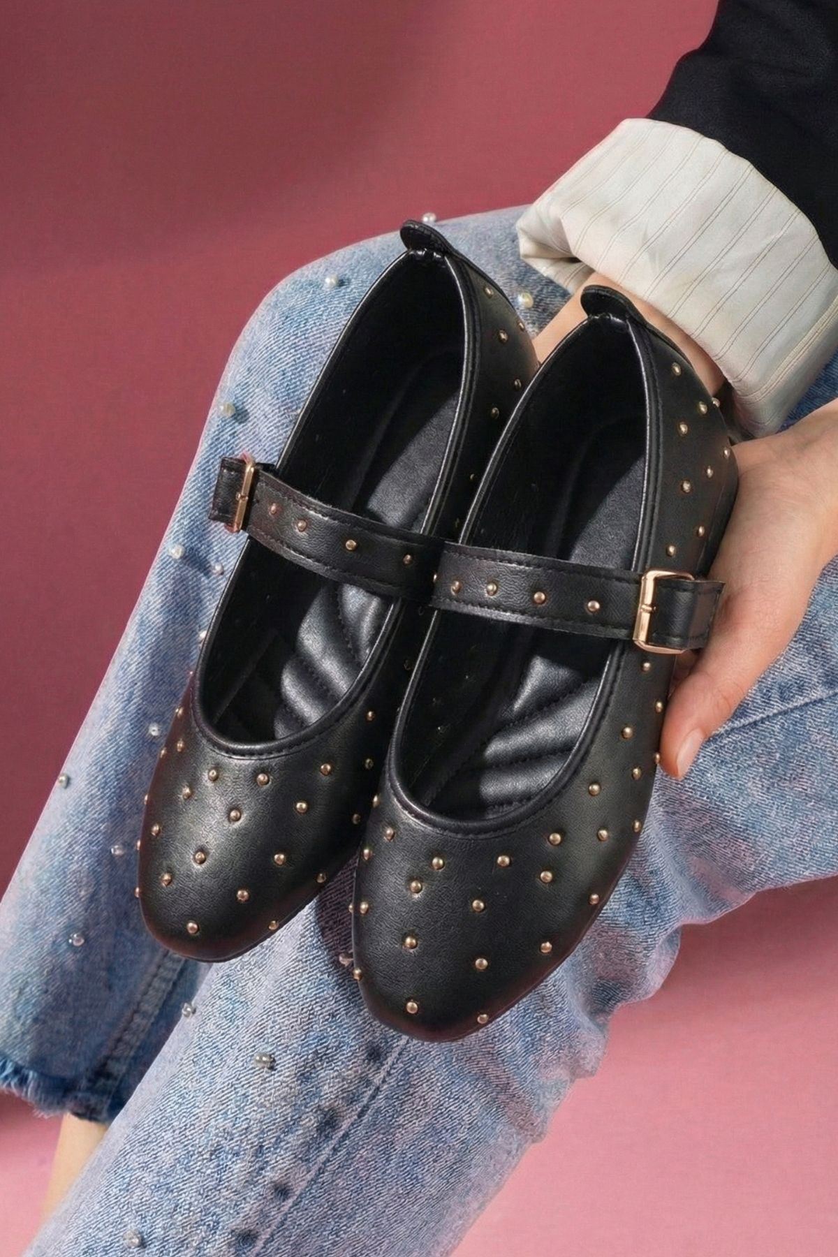 Kroma Siyah Cilt Metal Mini Troklu Kemerli Premium Babet