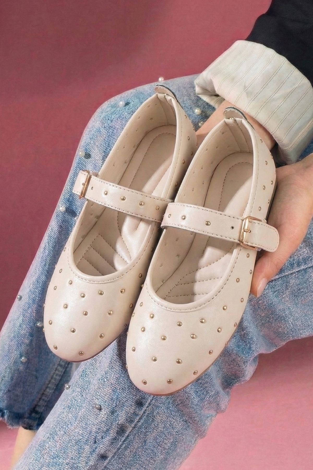 Kroma Bej Cilt Metal Mini Troklu Kemerli Premium Babet