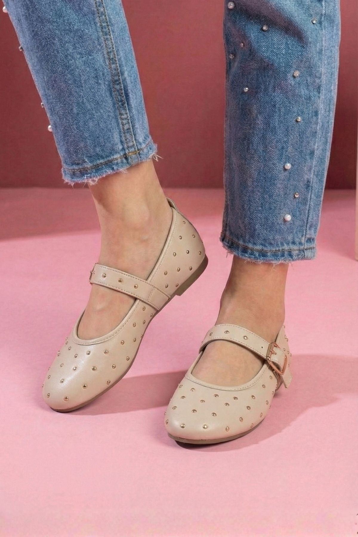 Kroma Bej Cilt Metal Mini Troklu Kemerli Premium Babet