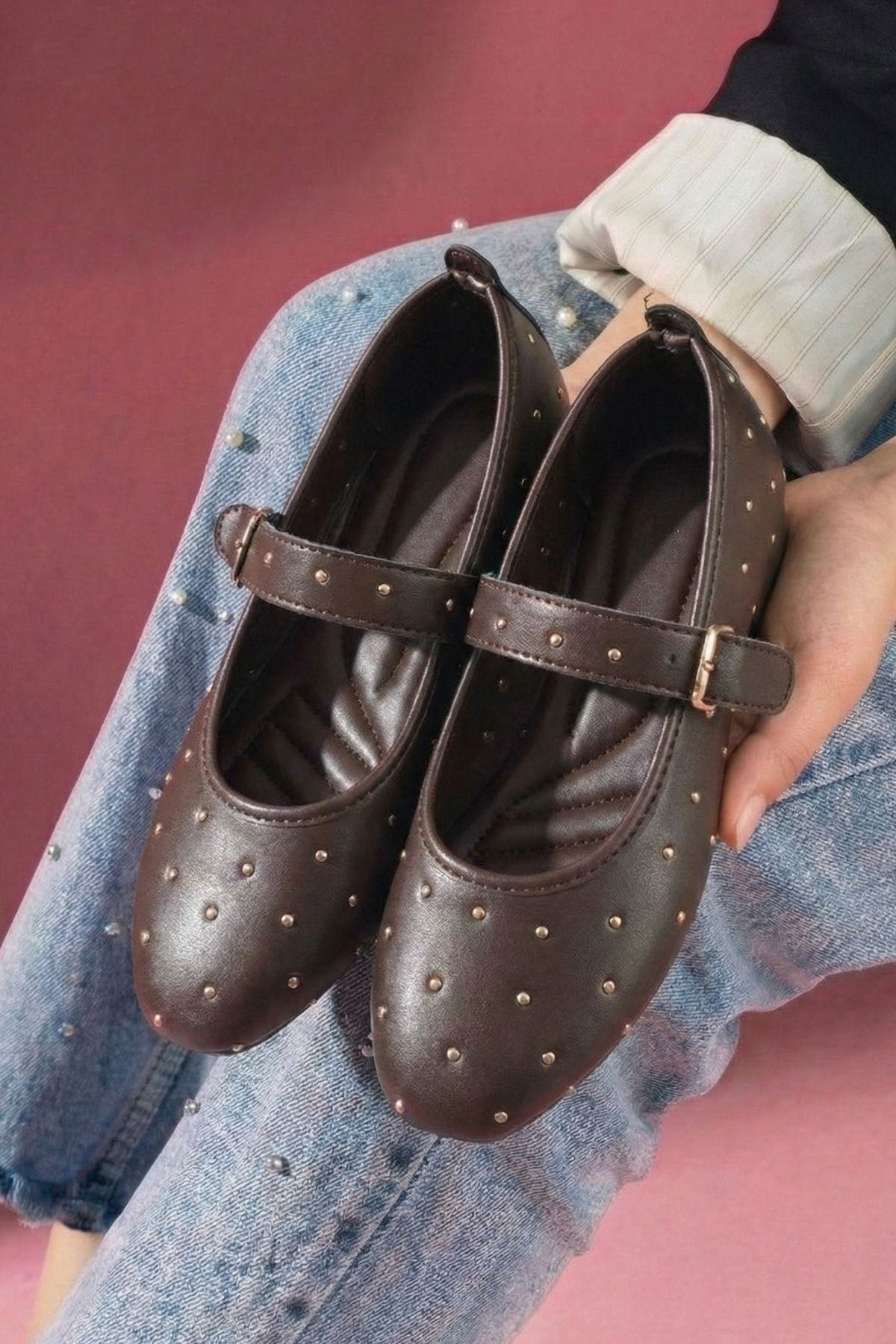 Kroma Kahverengi Cilt Metal Mini Troklu Kemerli Premium Babet