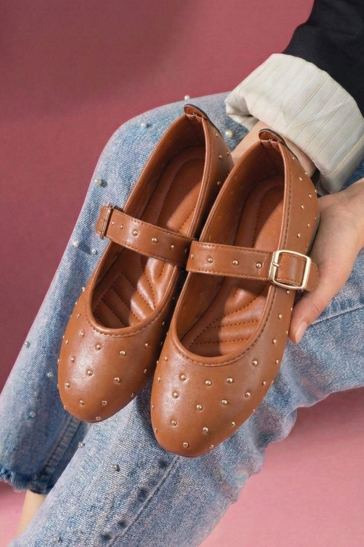 Kroma Taba Cilt Metal Mini Troklu Kemerli Premium Babet