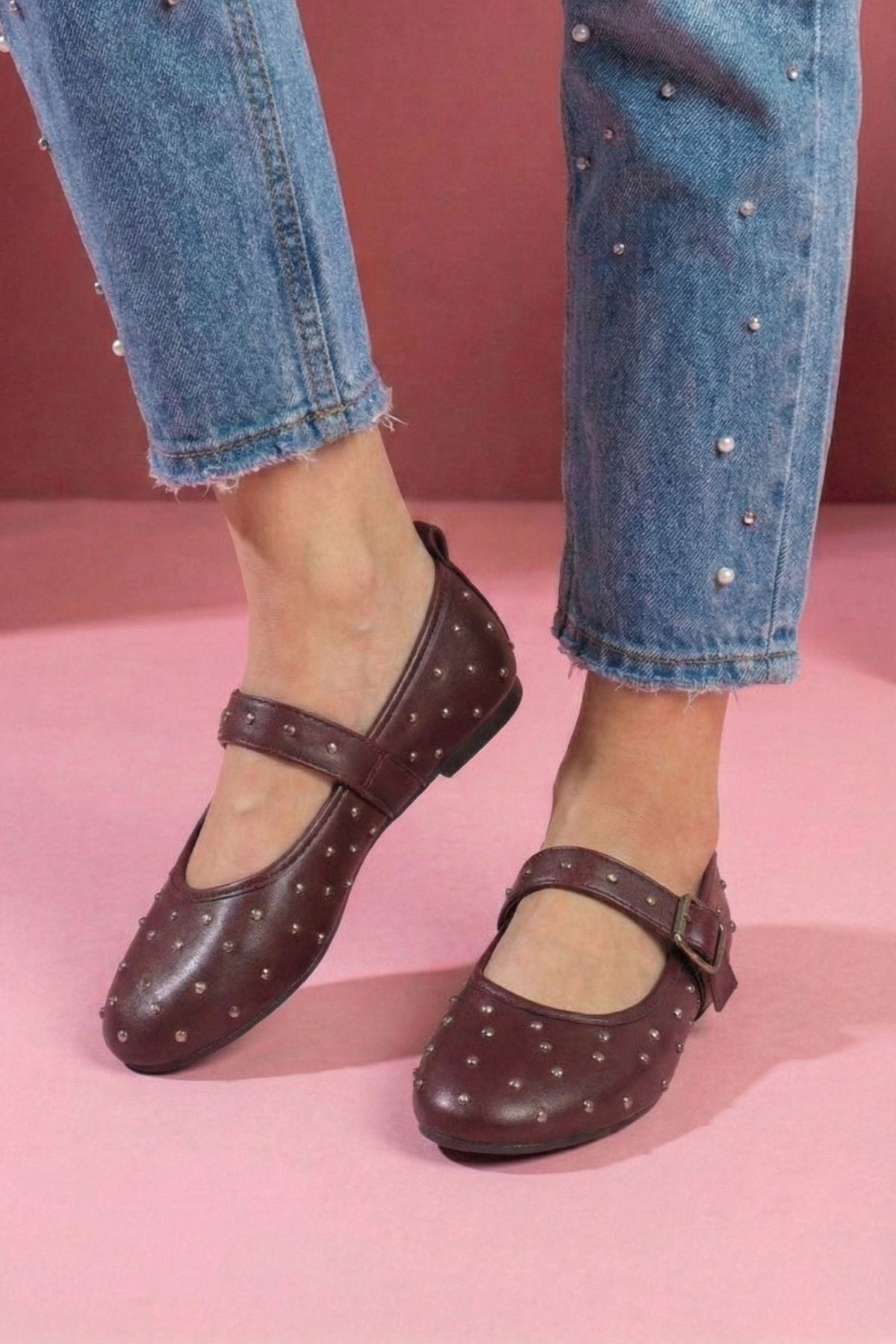 Kroma Bordo Cilt Metal Mini Troklu Kemerli Premium Babet