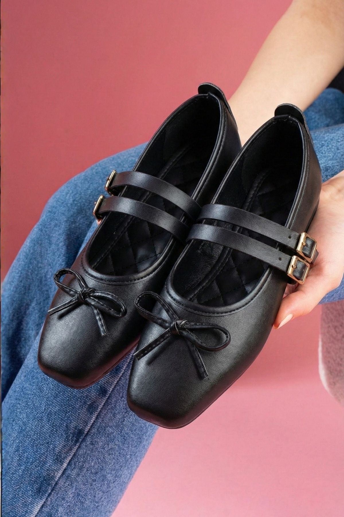 Eterna Siyah Cilt Fiyonklu Gold Tokalı Çift Bant Babet