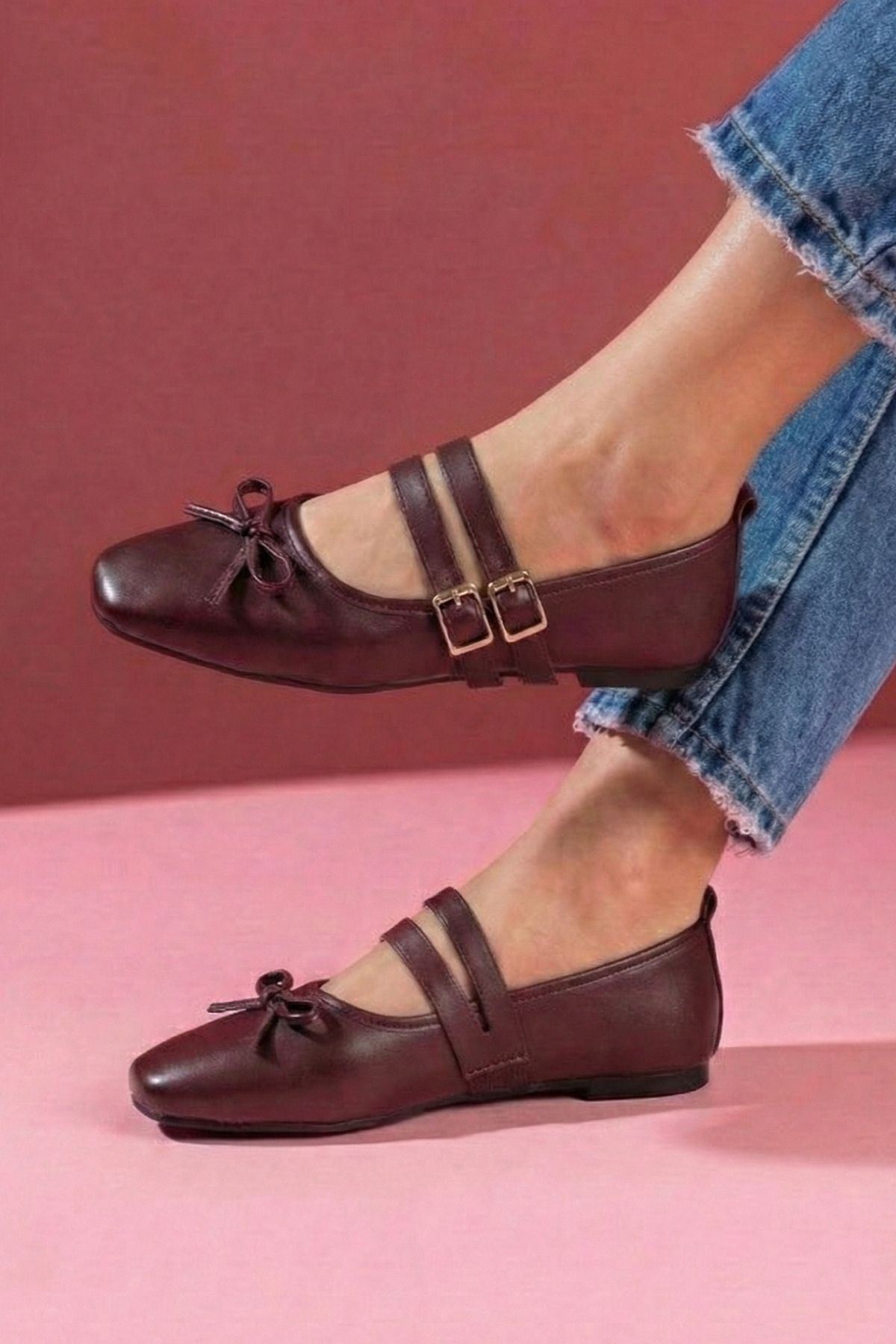 Eterna Bordo Cilt Fiyonklu Gold Tokalı Çift Bant Babet