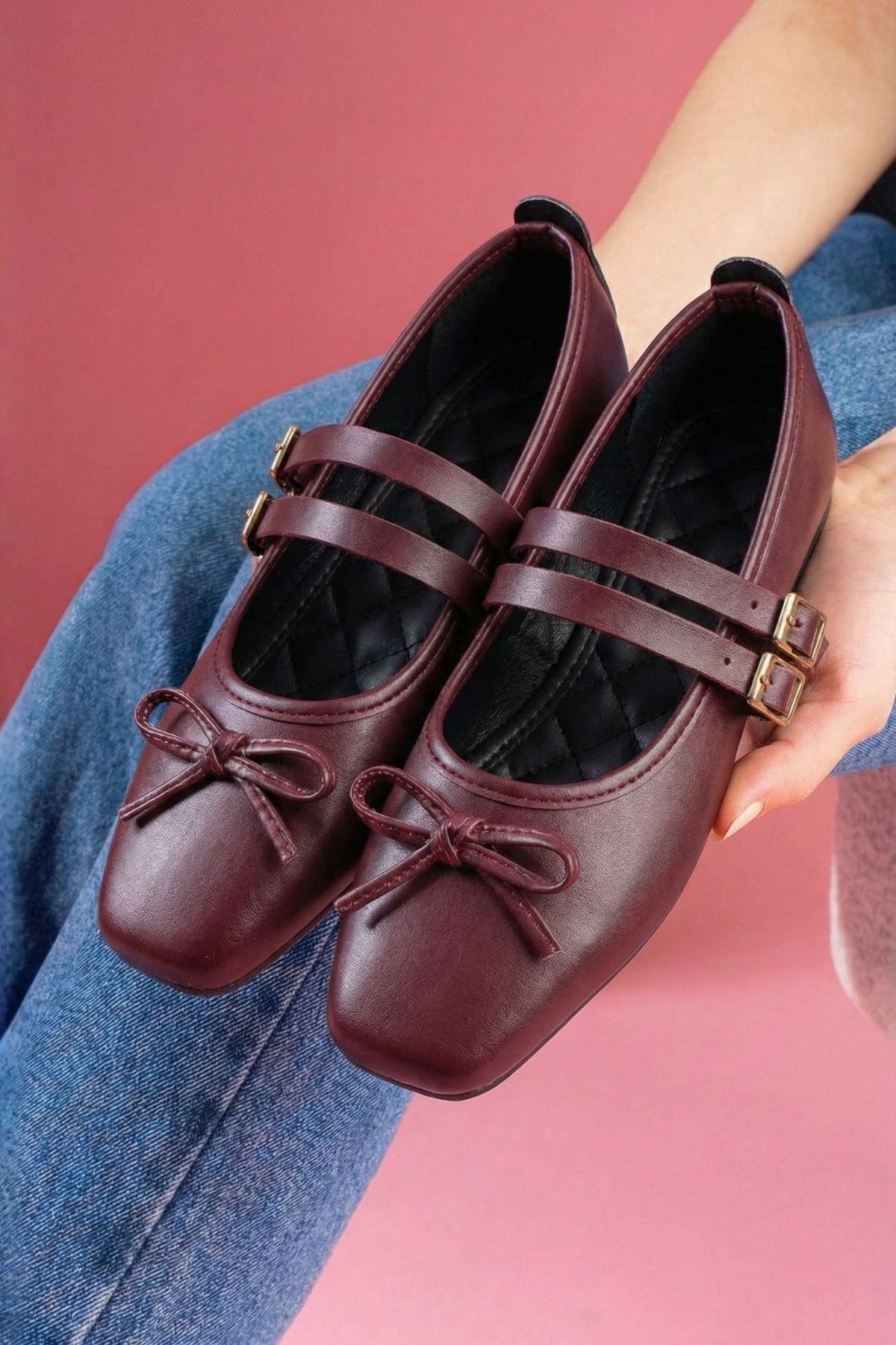 Eterna Bordo Cilt Fiyonklu Gold Tokalı Çift Bant Babet