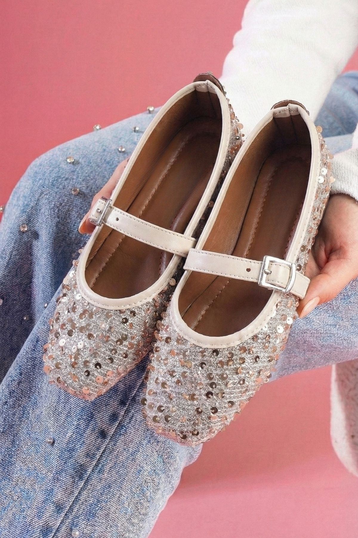 Solaro Bej Pullu Payetli Nikel Tokalı Tek Bant Babet