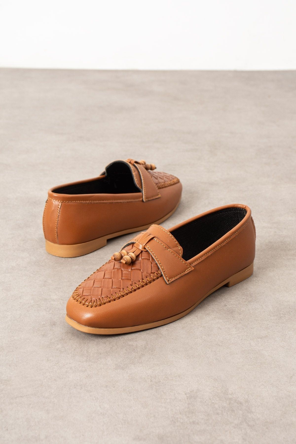 Novera Taba Örgü Dikiş Saraçlı Boncuk Püsküllü Loafer Babet Günlük Ayakkabı
