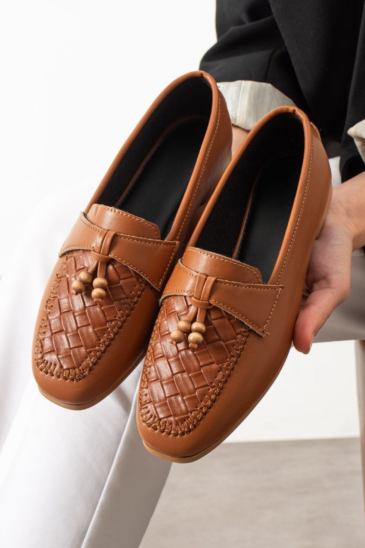 Novera Taba Örgü Dikiş Saraçlı Boncuk Püsküllü Loafer Babet Günlük Ayakkabı