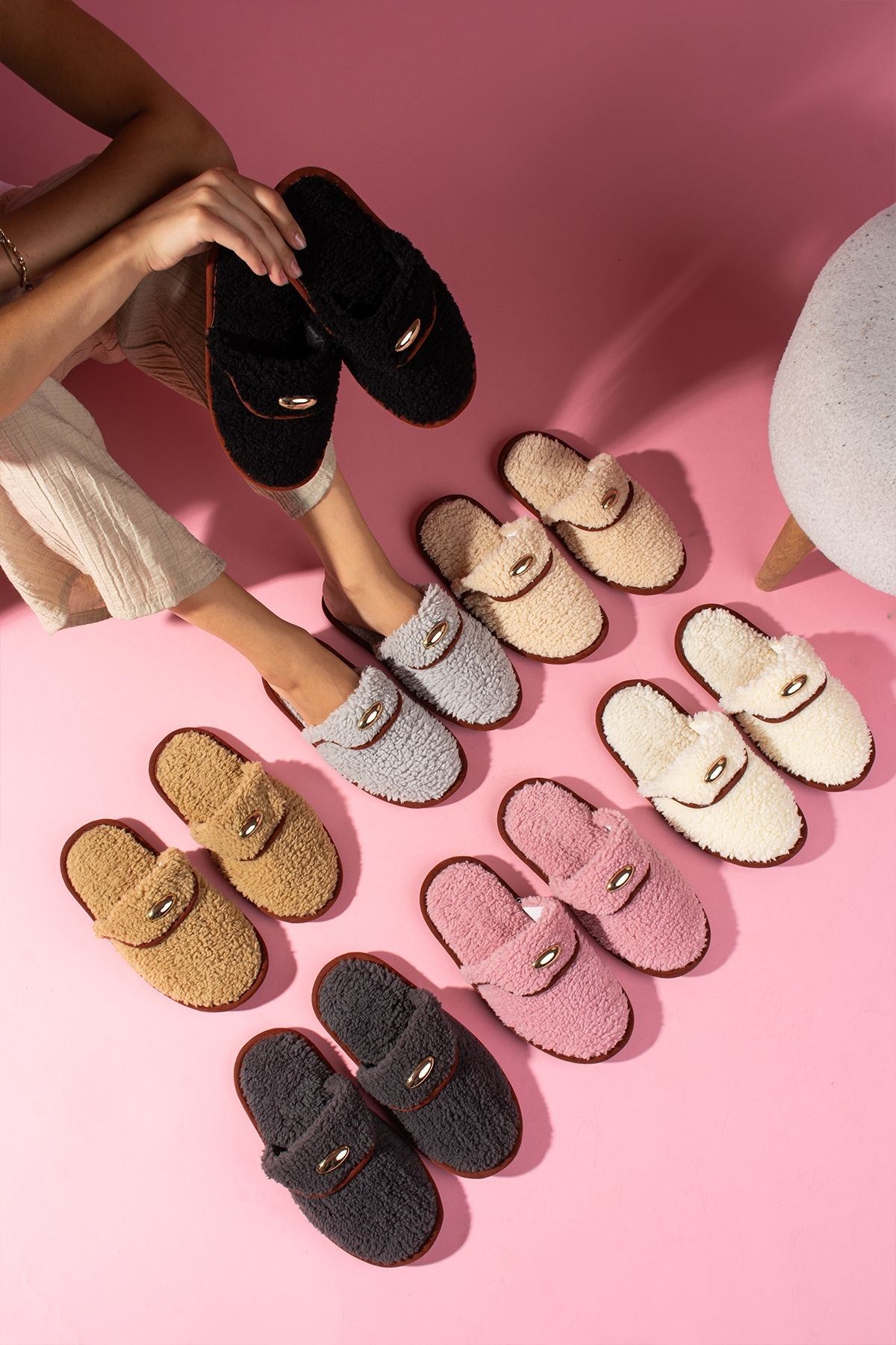 Evelis Bej Vizon Havlu Dokulu Damla Aksesuarlı Ev Terliği